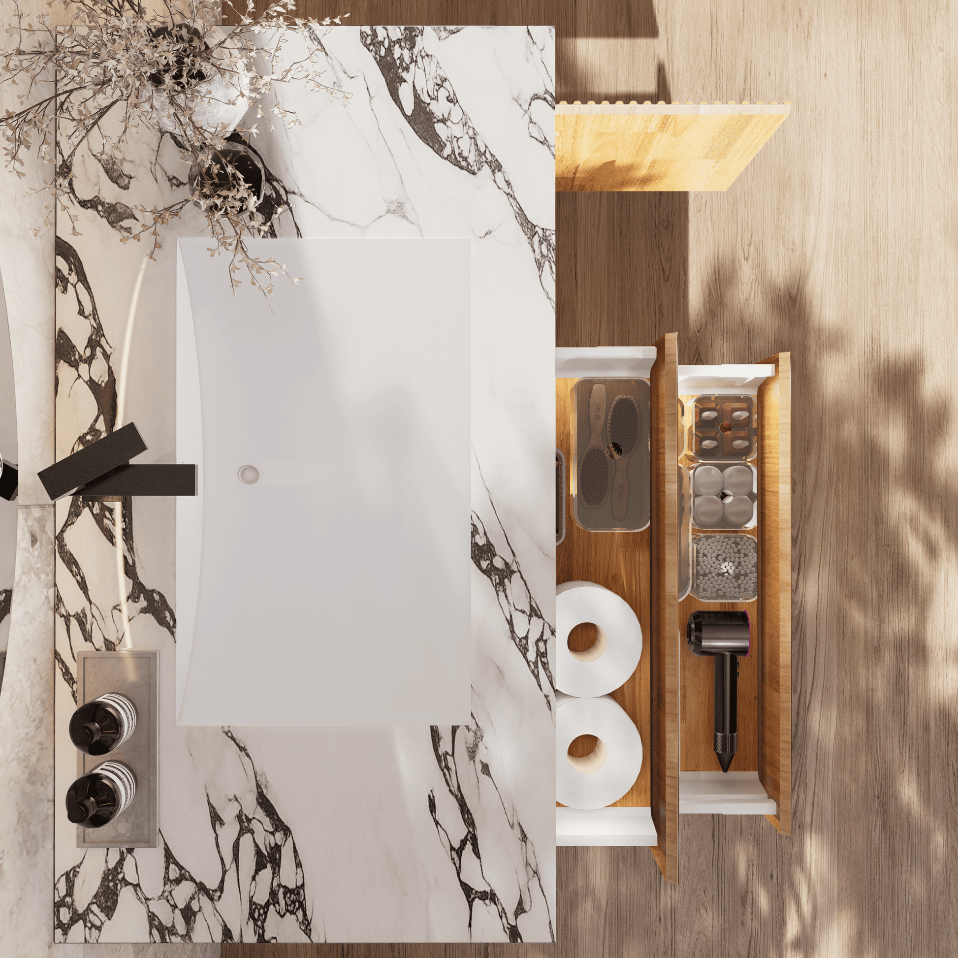 32", 40" Oak Fluted Floating Vanity with Seamless Stone Sink - VanityCalacatta Black