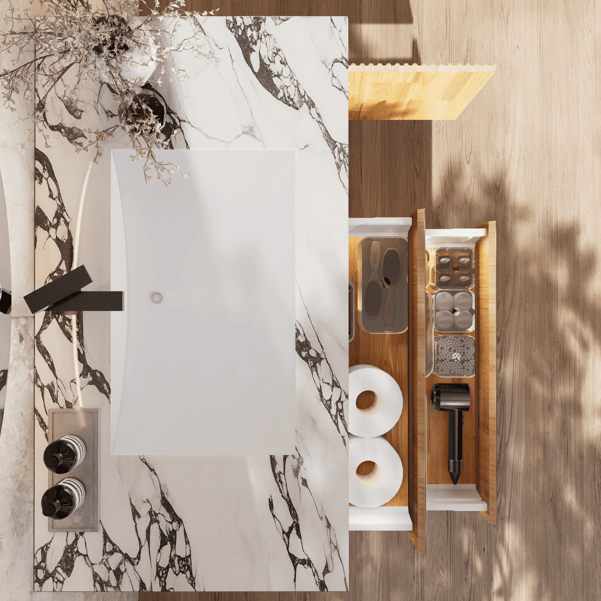 32", 40" Oak Fluted Floating Vanity with Seamless Stone Sink - VanityCalacatta Black