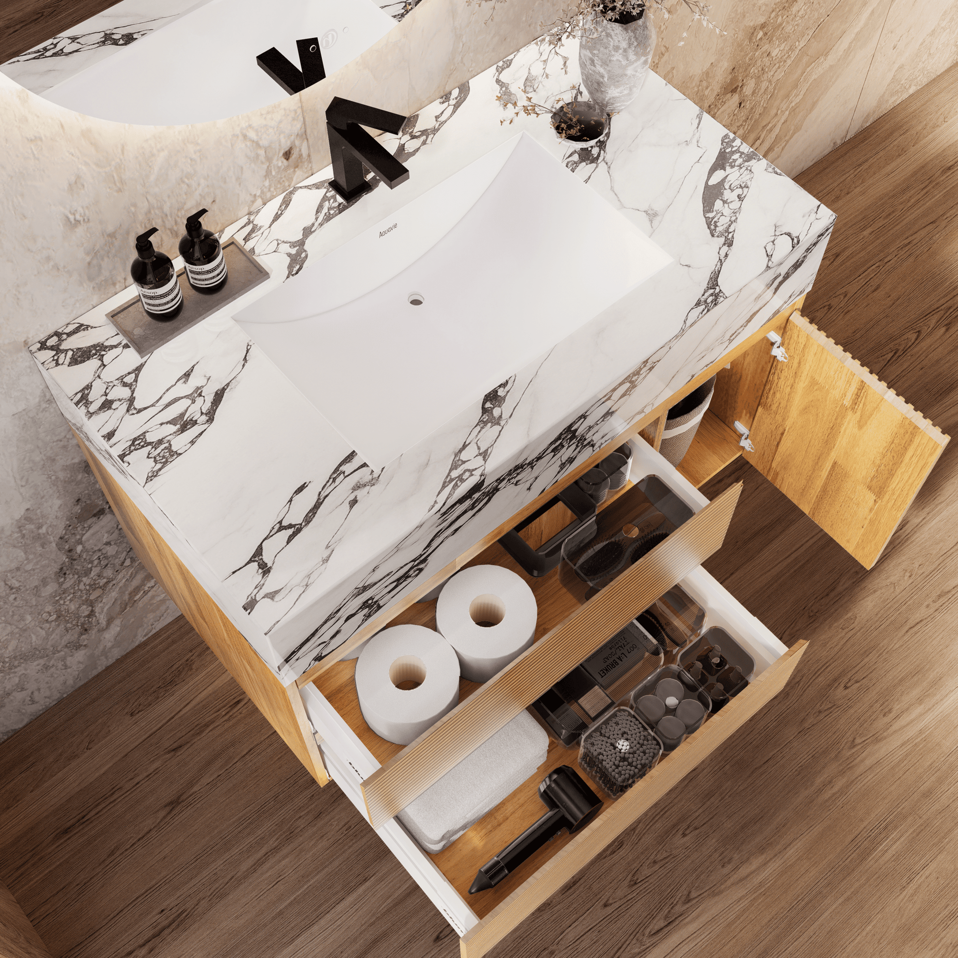 32", 40" Oak Fluted Floating Vanity with Seamless Stone Sink - VanityCalacatta Black