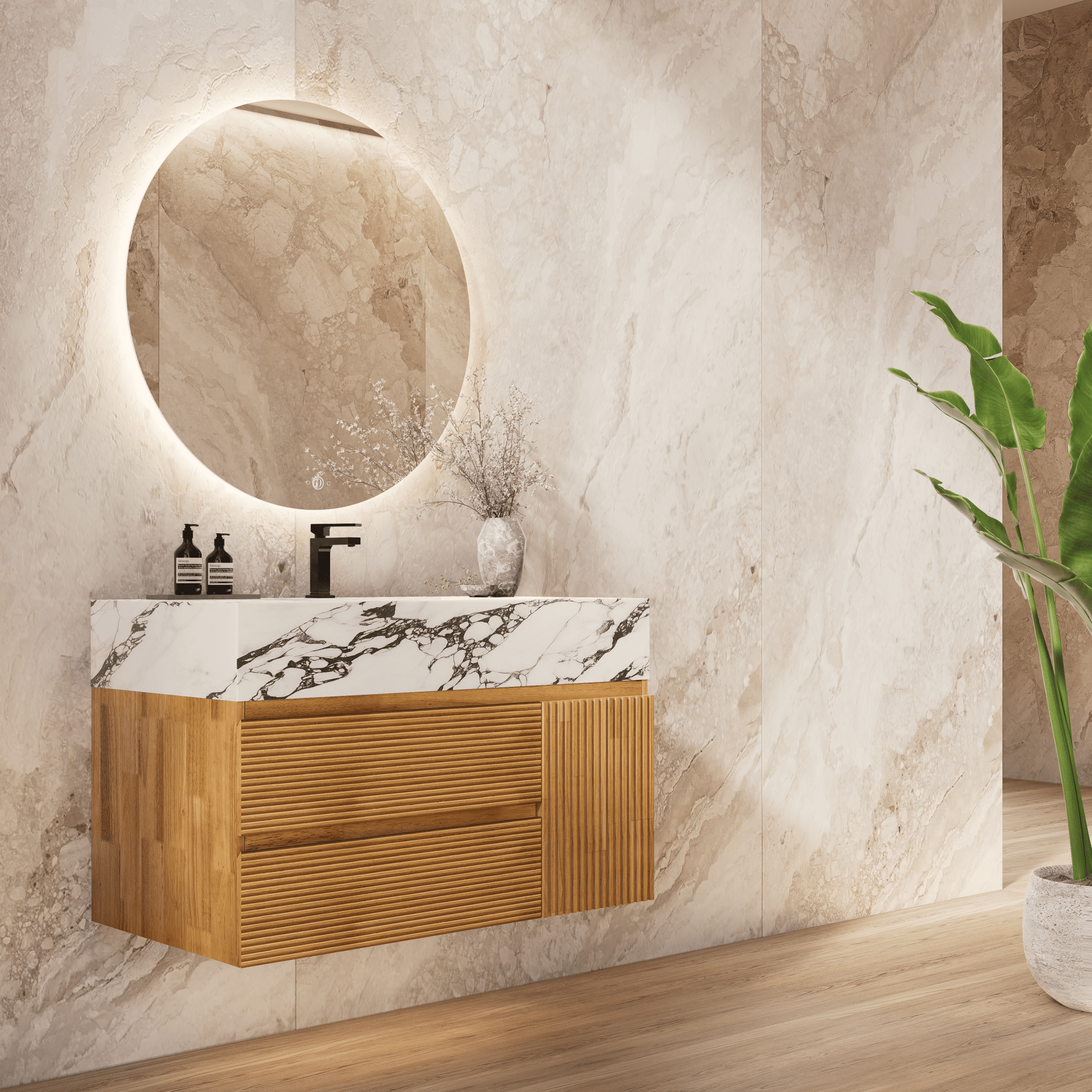 32", 40" Oak Fluted Floating Vanity with Seamless Stone Sink - VanityCalacatta Black