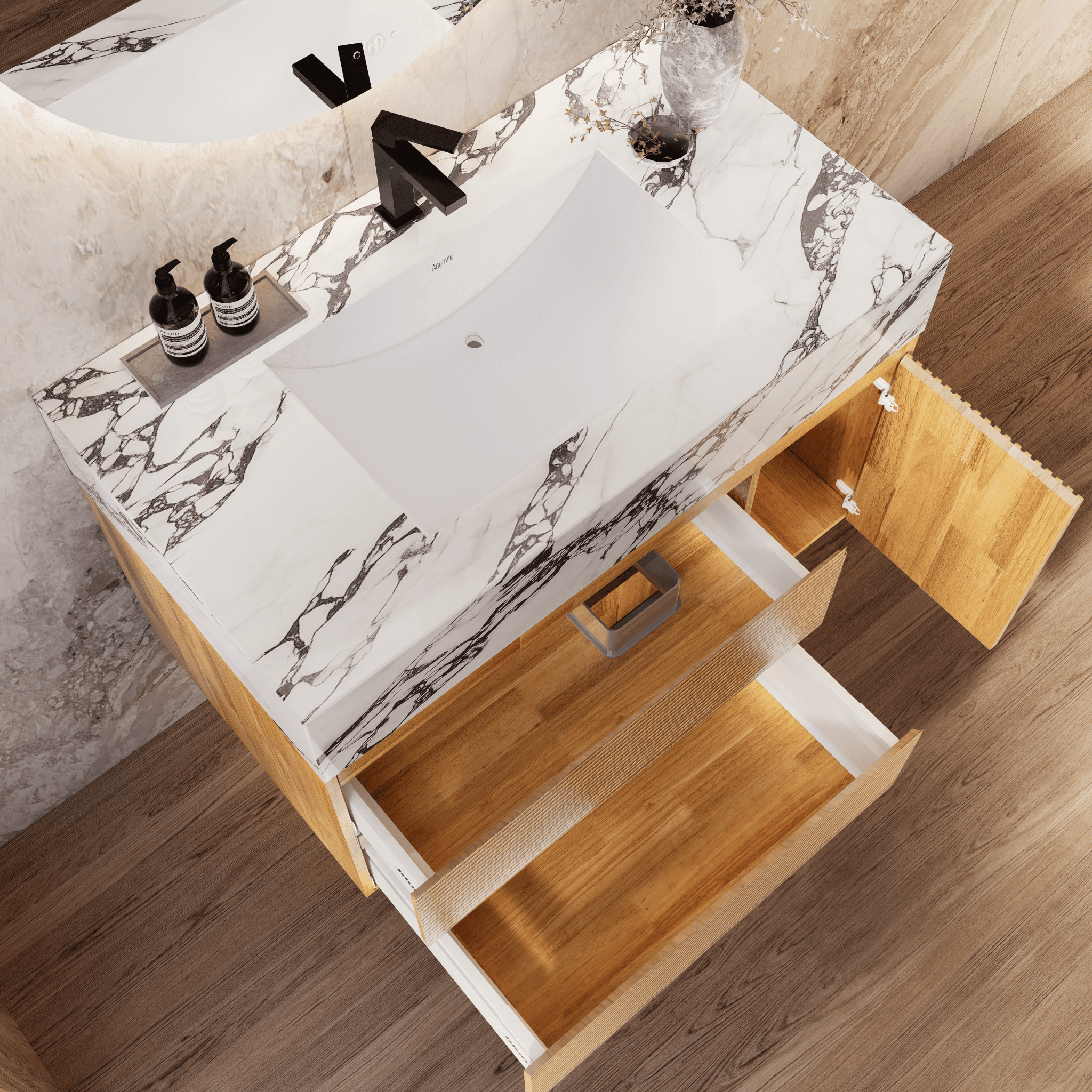 32", 40" Oak Fluted Floating Vanity with Seamless Stone Sink - VanityCalacatta Black