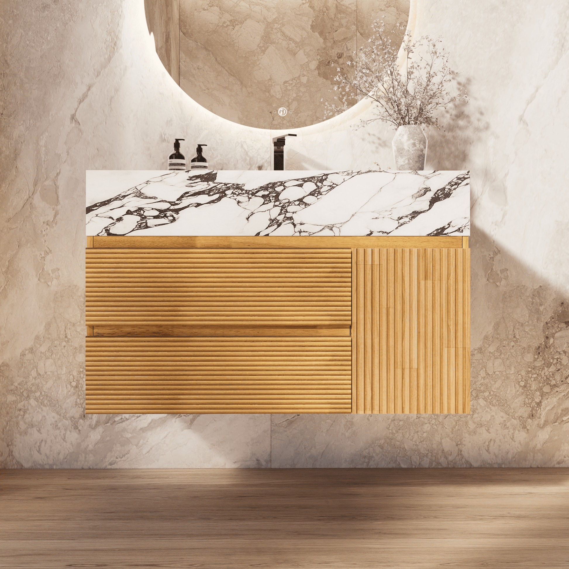 32", 40" Oak Fluted Floating Vanity with Seamless Stone Sink - VanityCalacatta Black