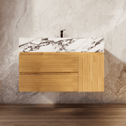 32", 40" Oak Fluted Floating Vanity with Seamless Stone Sink - VanityCalacatta Black