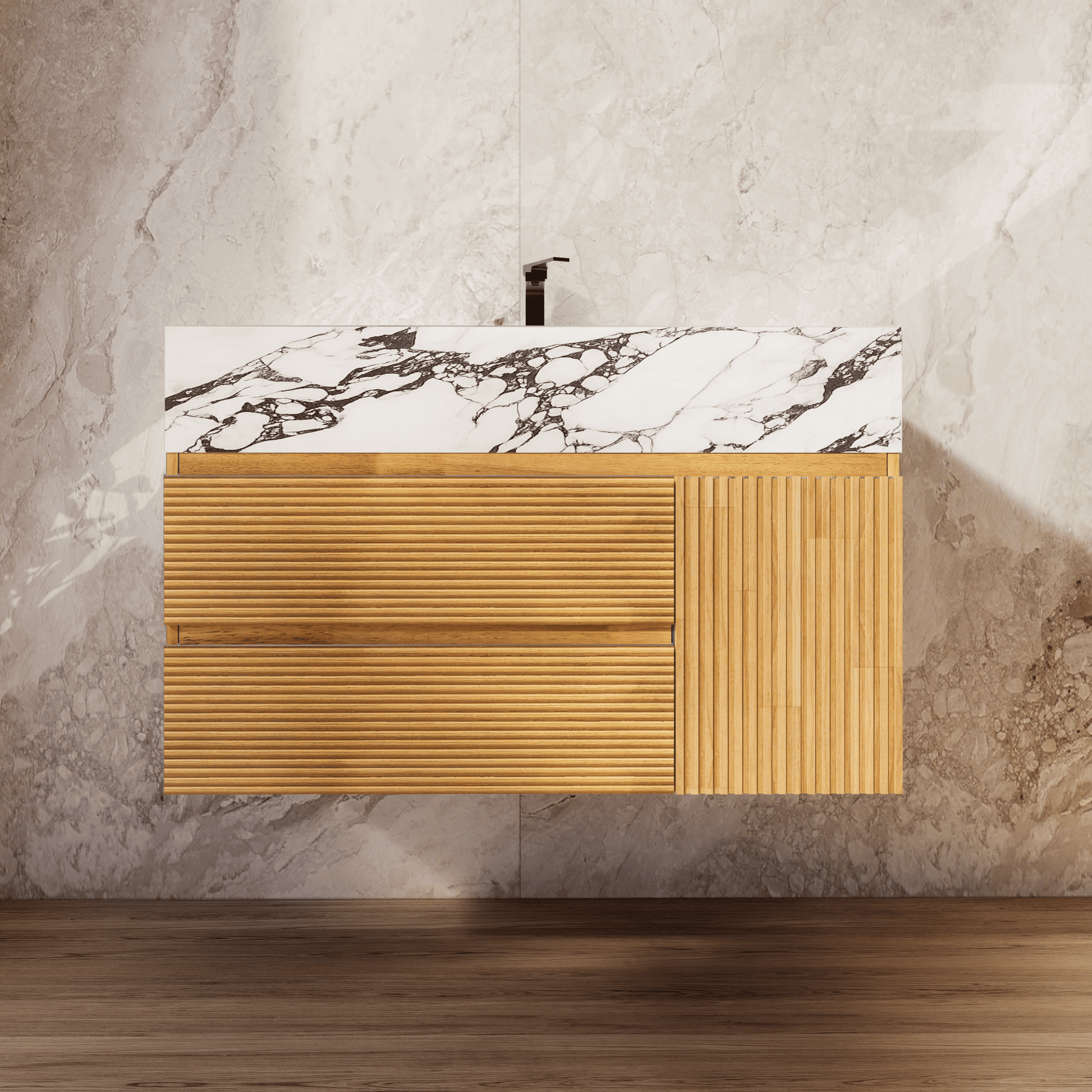 32", 40" Oak Fluted Floating Vanity with Seamless Stone Sink - VanityCalacatta Black