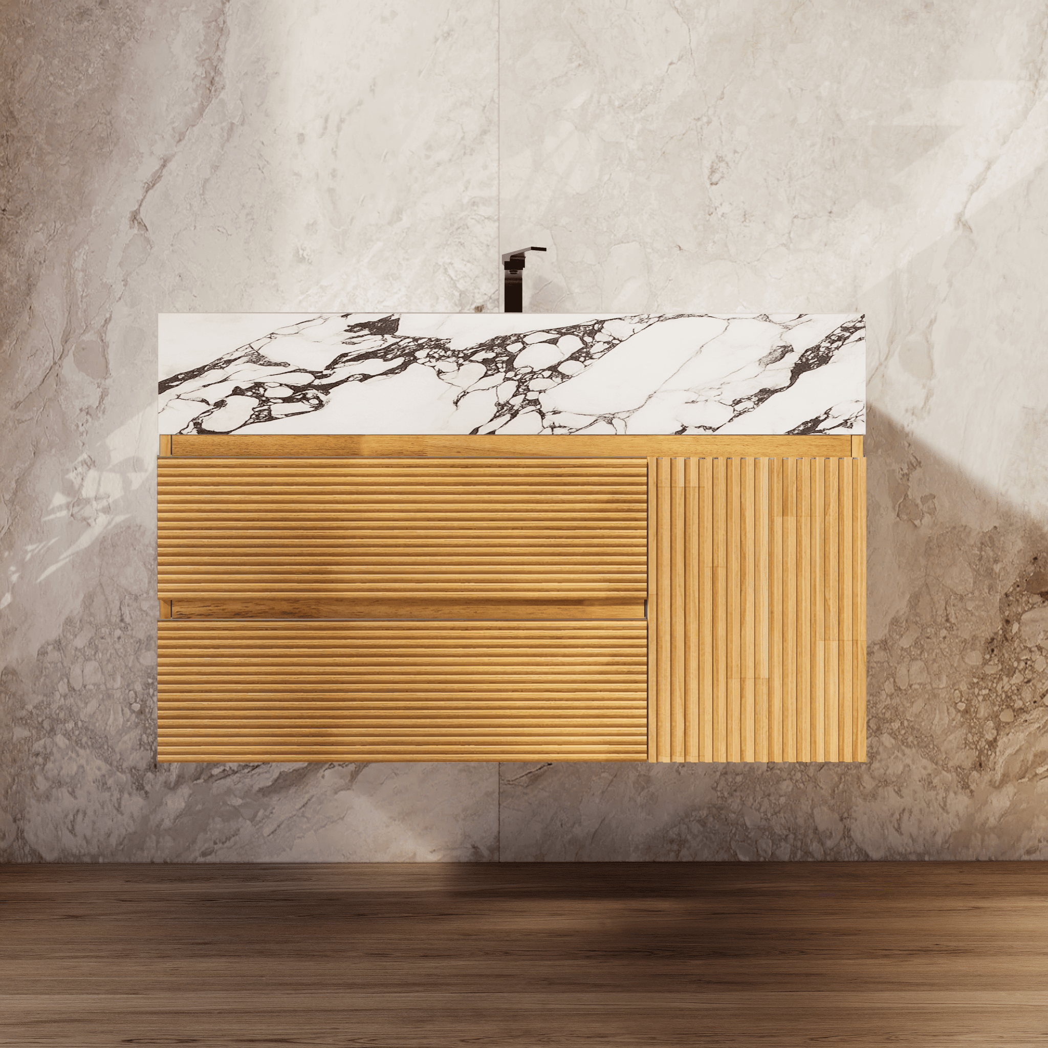 32", 40" Oak Fluted Floating Vanity with Seamless Stone Sink - VanityCalacatta Black