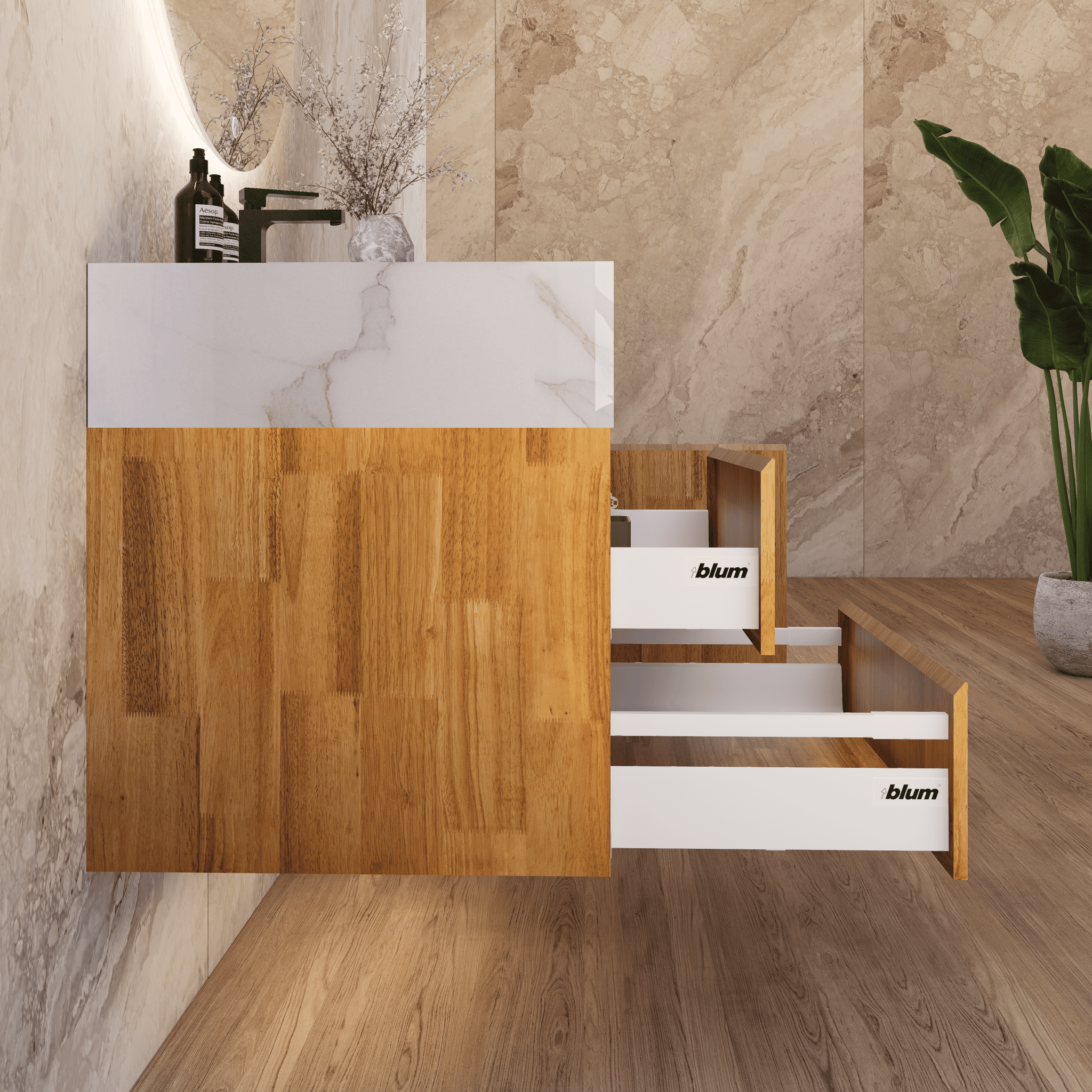 32", 40" Oak Fluted Floating Vanity with Seamless Stone Sink - VanityCalacatta Gold