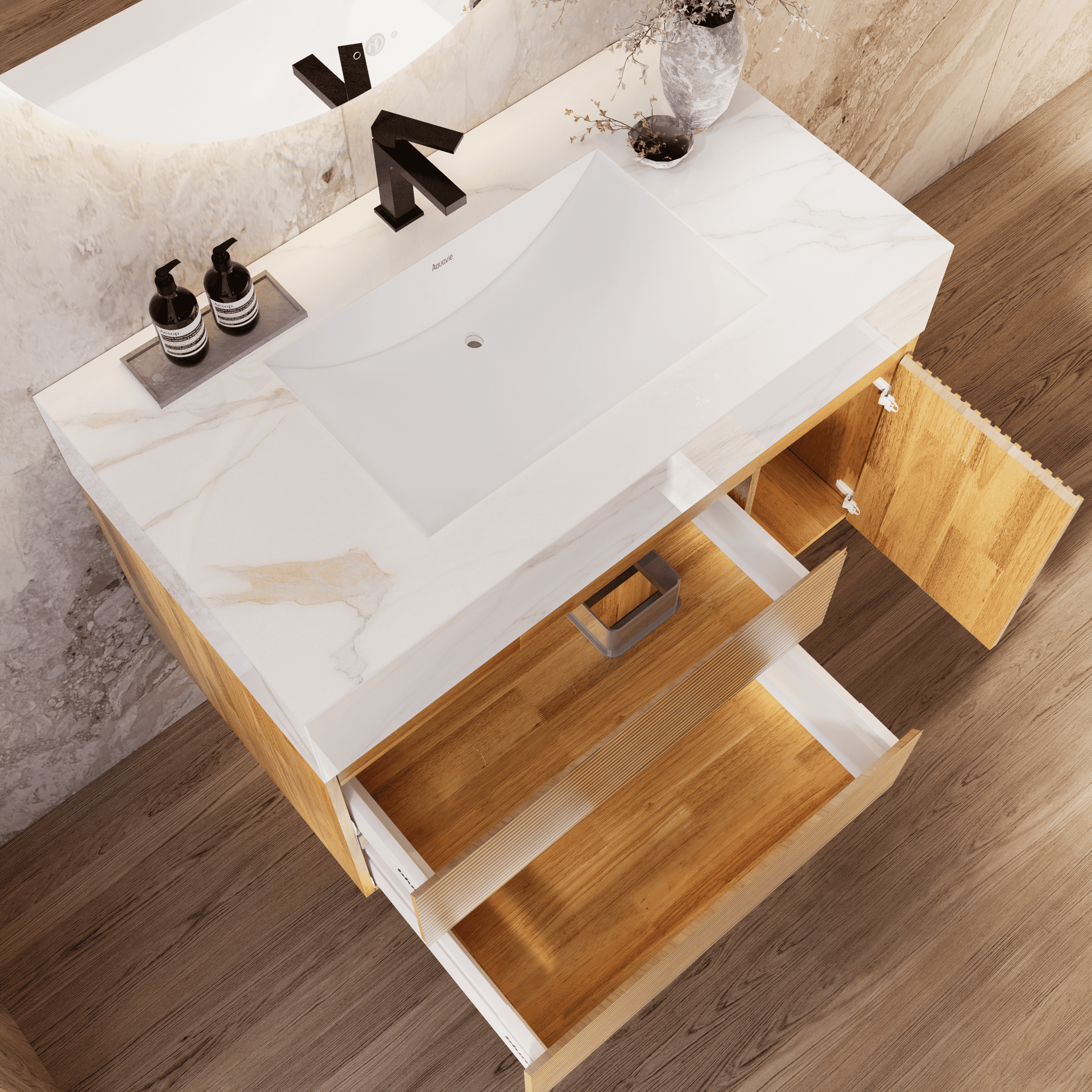 32", 40" Oak Fluted Floating Vanity with Seamless Stone Sink - VanityCalacatta Gold