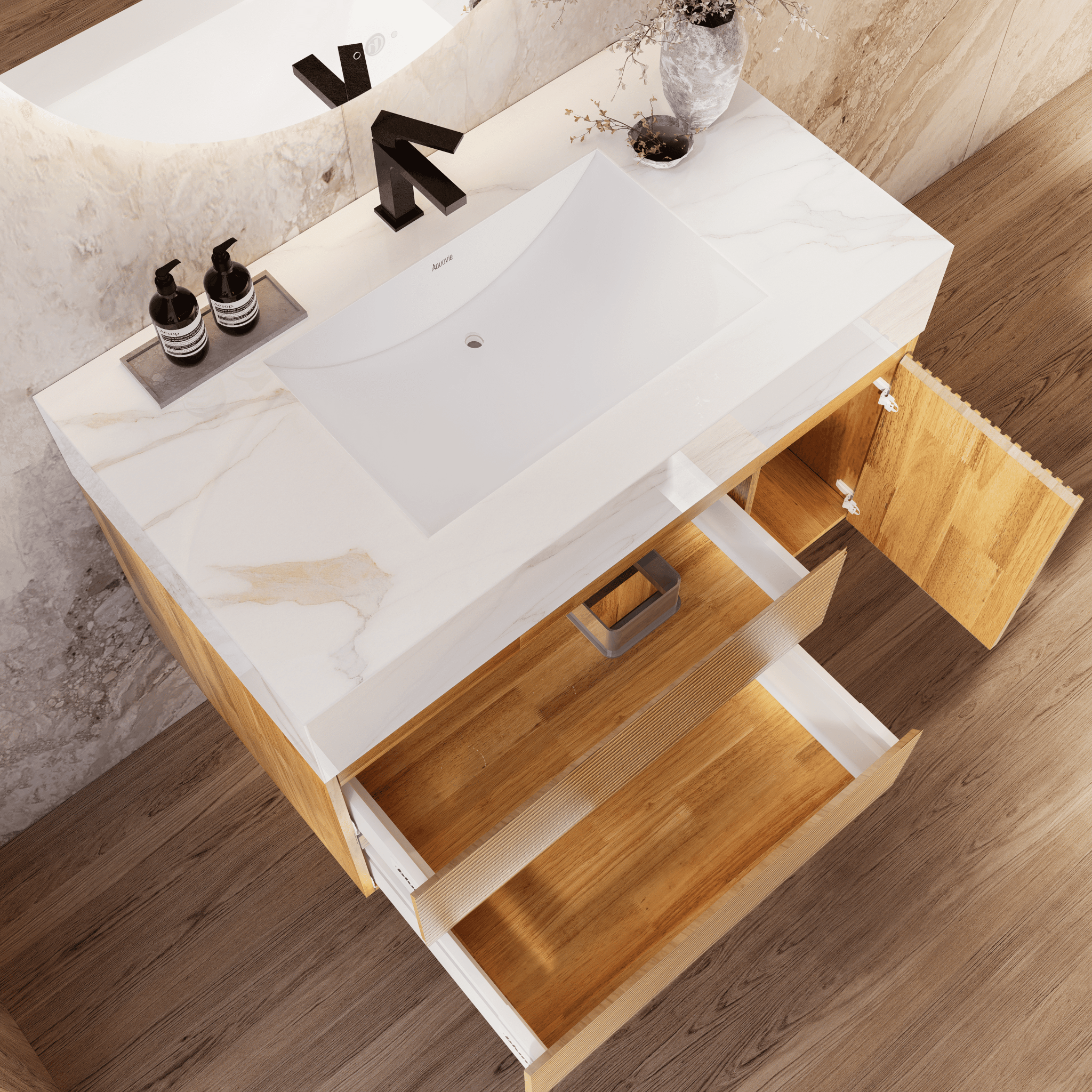 32", 40" Oak Fluted Floating Vanity with Seamless Stone Sink - VanityCalacatta Gold