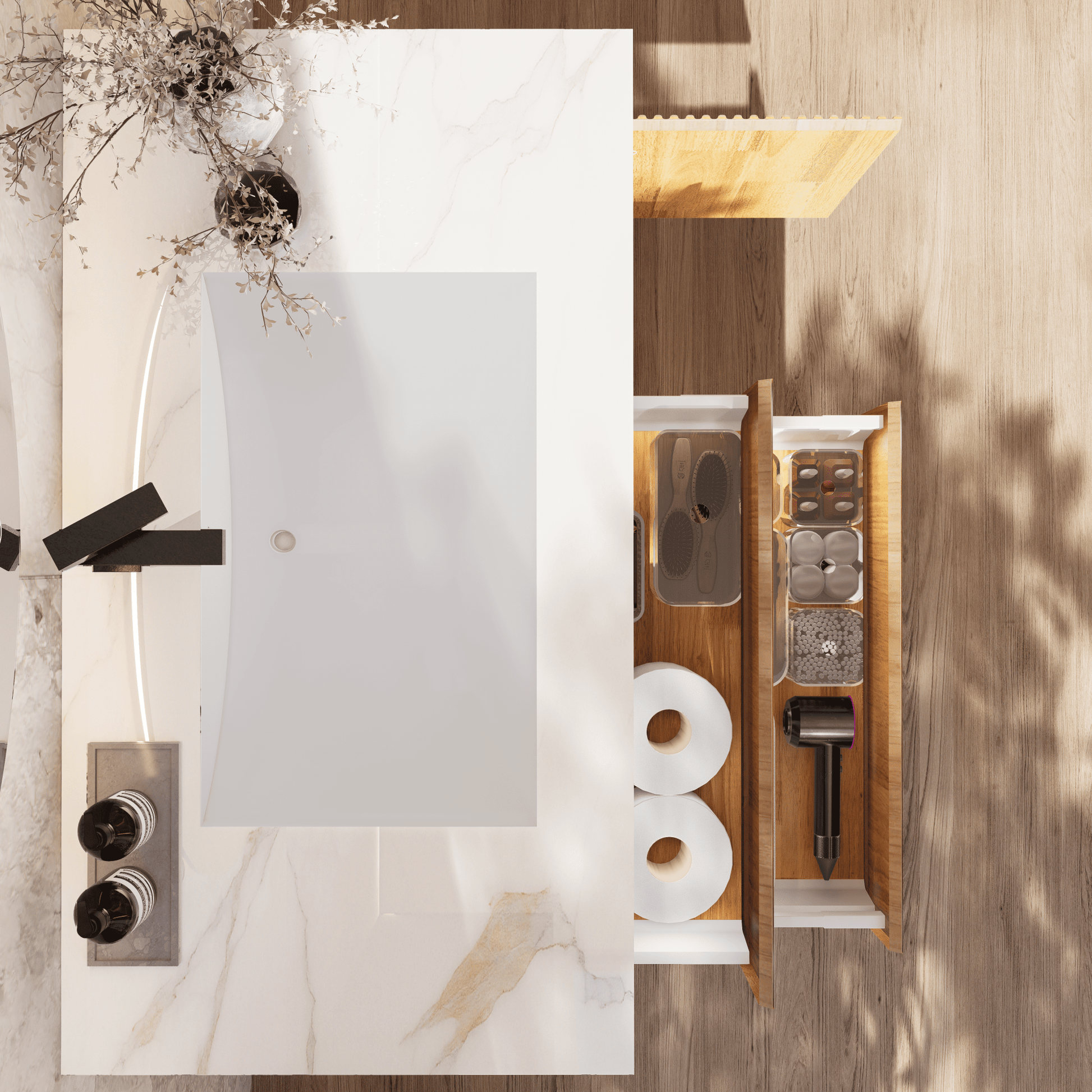 32", 40" Oak Fluted Floating Vanity with Seamless Stone Sink - VanityCalacatta Gold