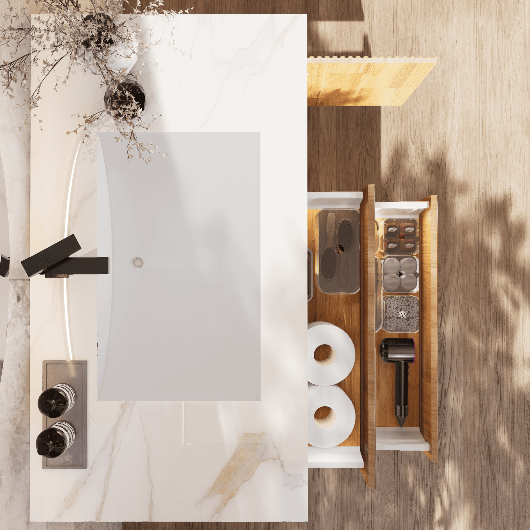 32", 40" Oak Fluted Floating Vanity with Seamless Stone Sink - VanityCalacatta Gold