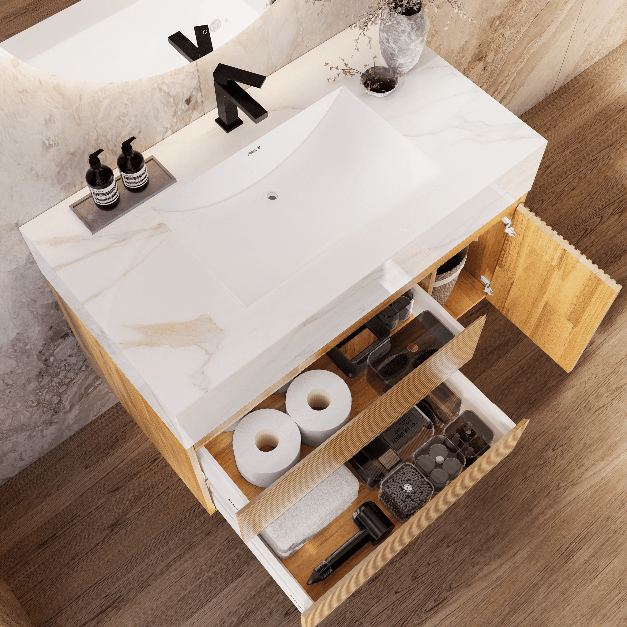 32", 40" Oak Fluted Floating Vanity with Seamless Stone Sink - VanityCalacatta Gold