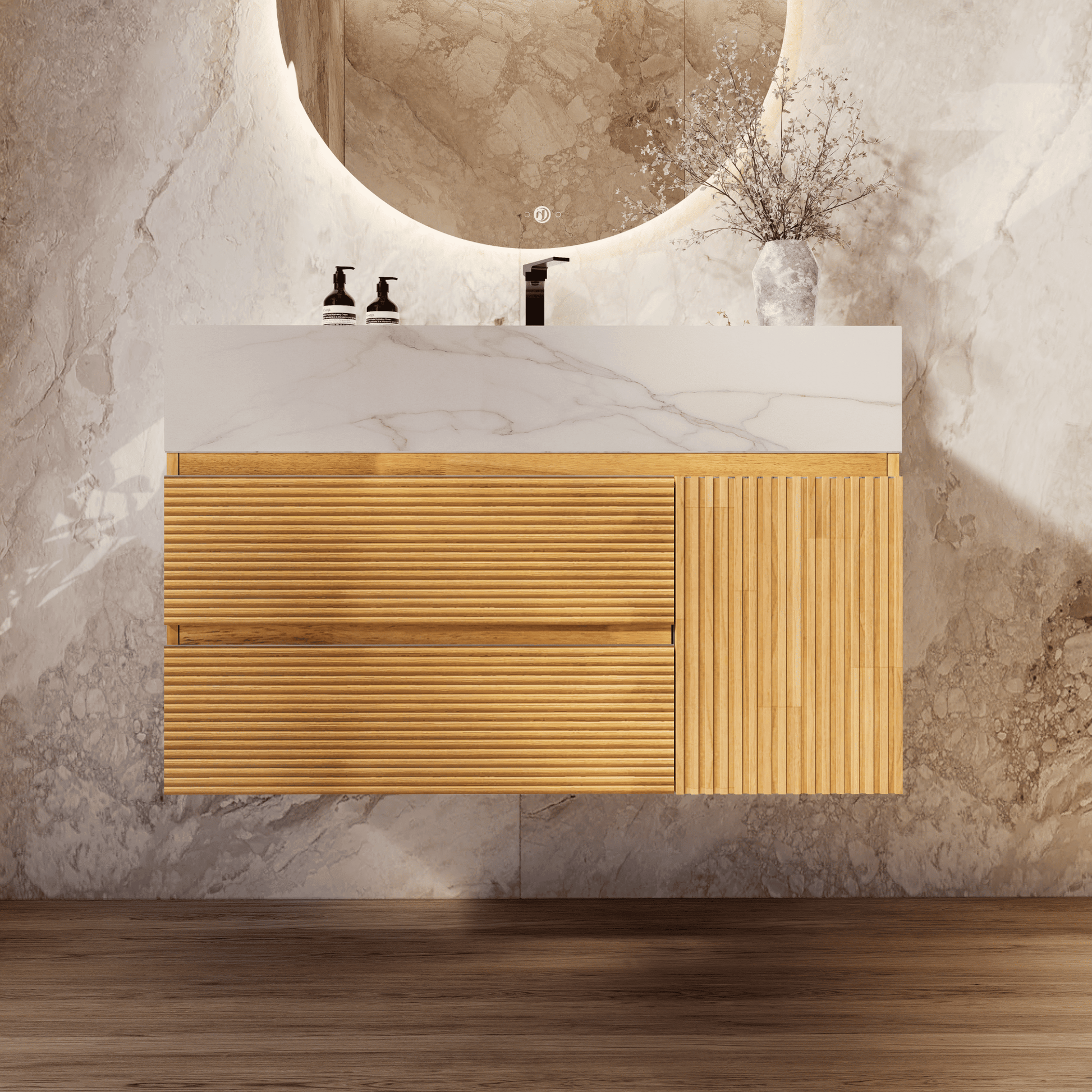 32", 40" Oak Fluted Floating Vanity with Seamless Stone Sink - VanityCalacatta Gold