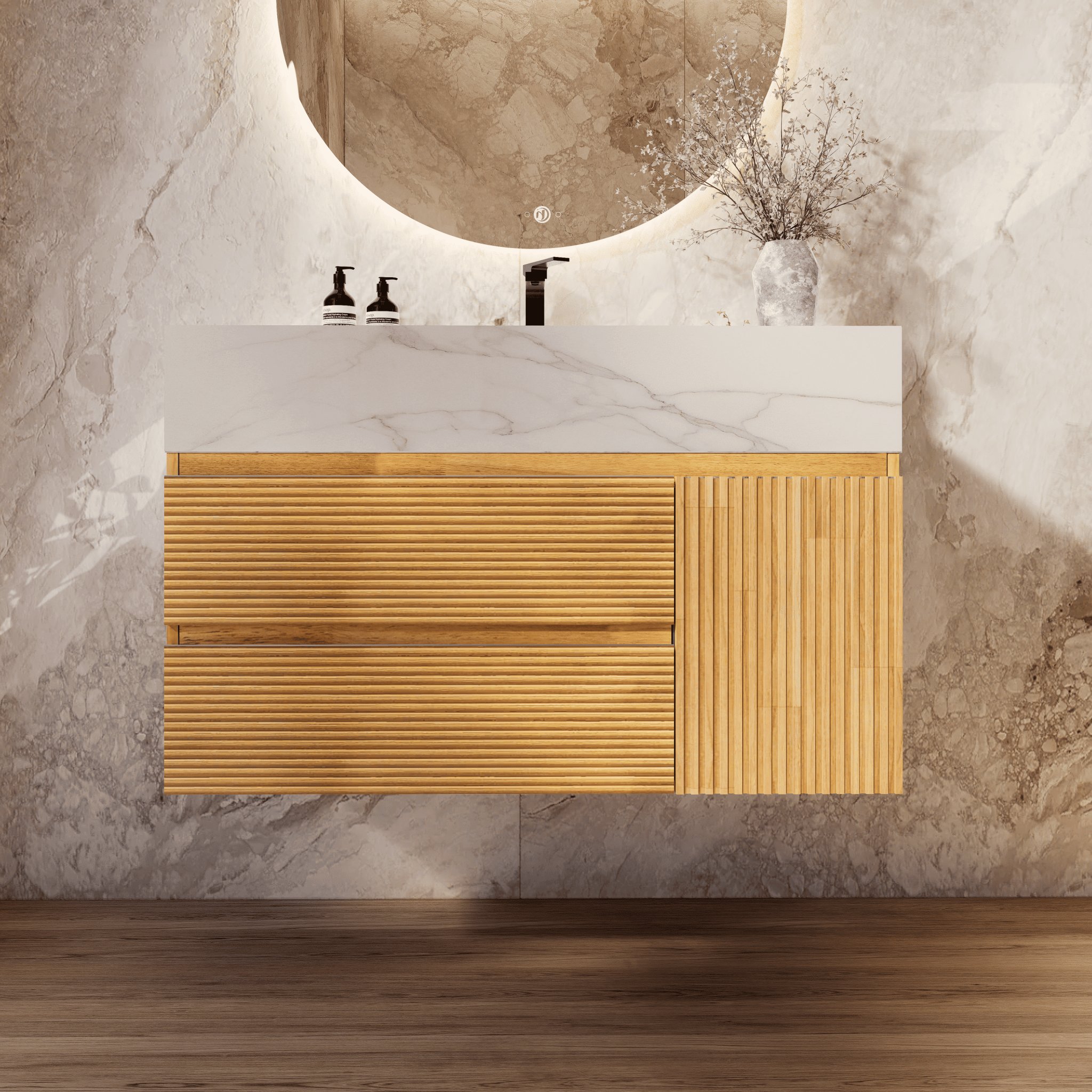 32", 40" Oak Fluted Floating Vanity with Seamless Stone Sink - VanityCalacatta Gold