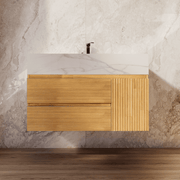 32", 40" Oak Fluted Floating Vanity with Seamless Stone Sink - VanityCalacatta Gold