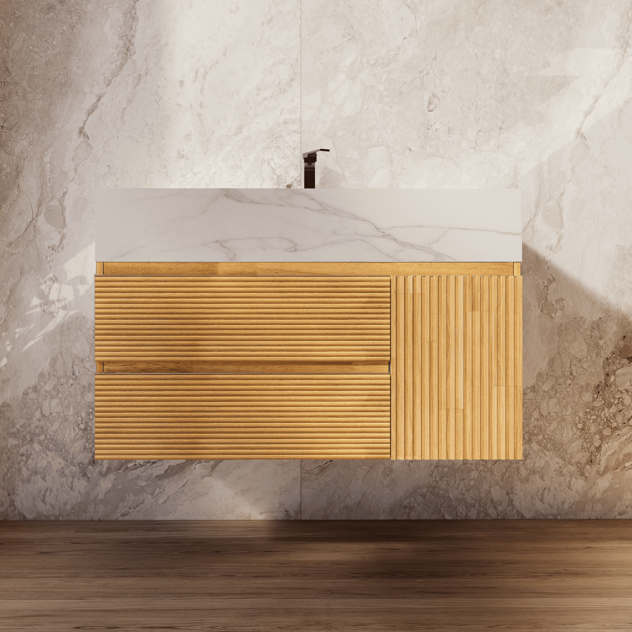 32", 40" Oak Fluted Floating Vanity with Seamless Stone Sink - VanityCalacatta Gold