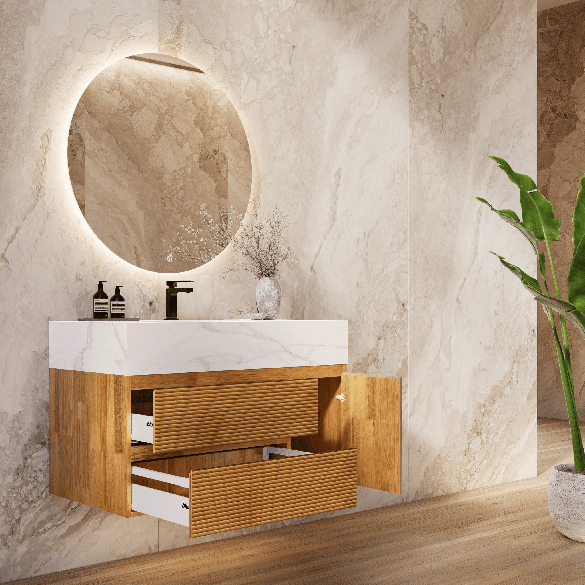 32", 40" Oak Fluted Floating Vanity with Seamless Stone Sink - VanityCalacatta Gold