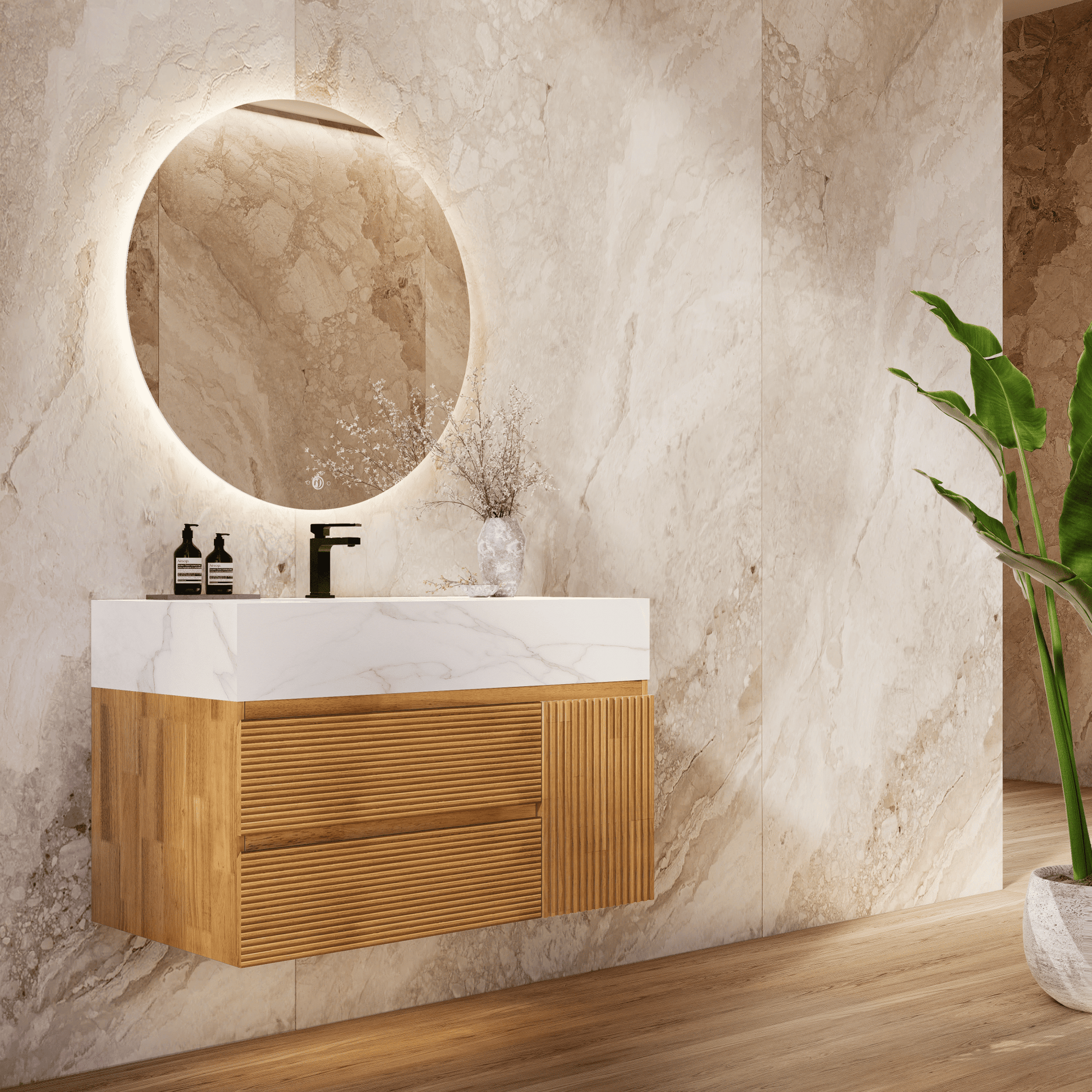 32", 40" Oak Fluted Floating Vanity with Seamless Stone Sink - VanityCalacatta Gold