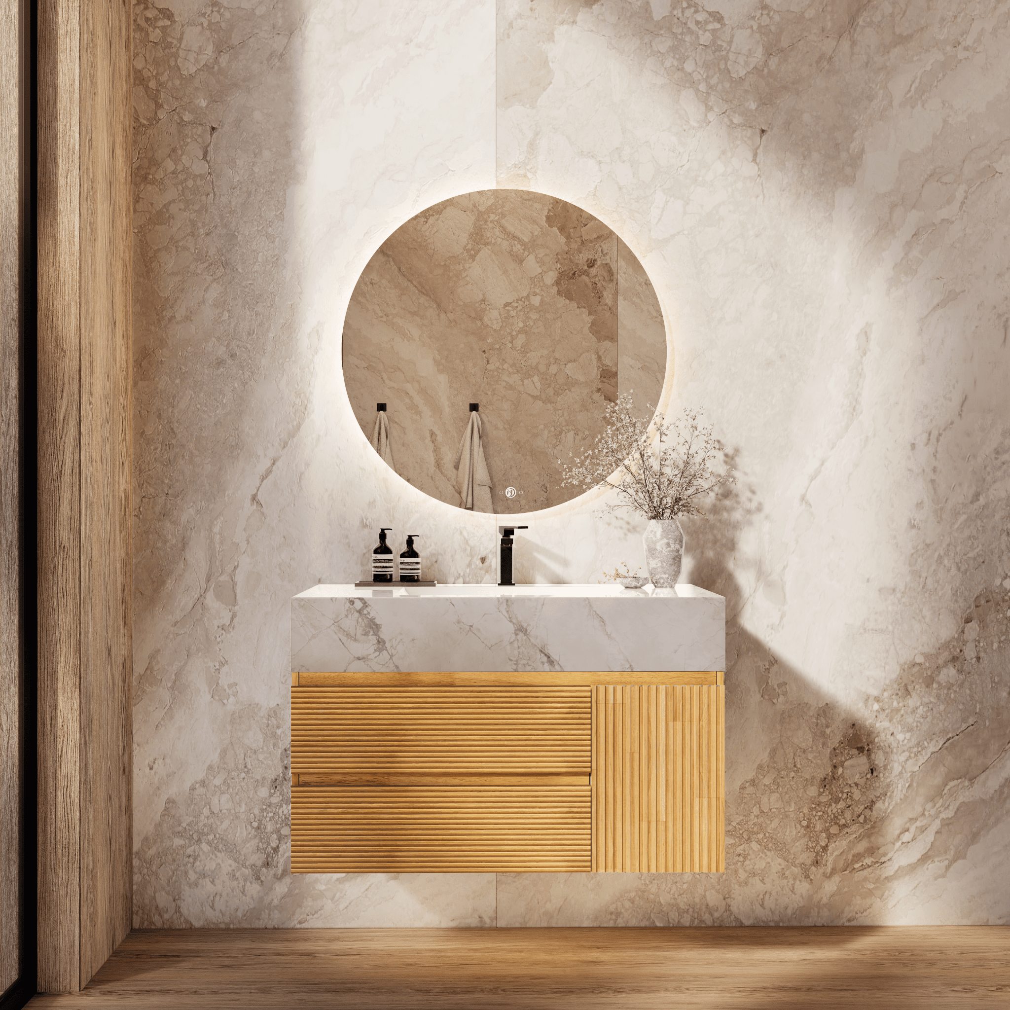 32", 40" Oak Fluted Floating Vanity with Seamless Stone Sink - VanityIce Grey