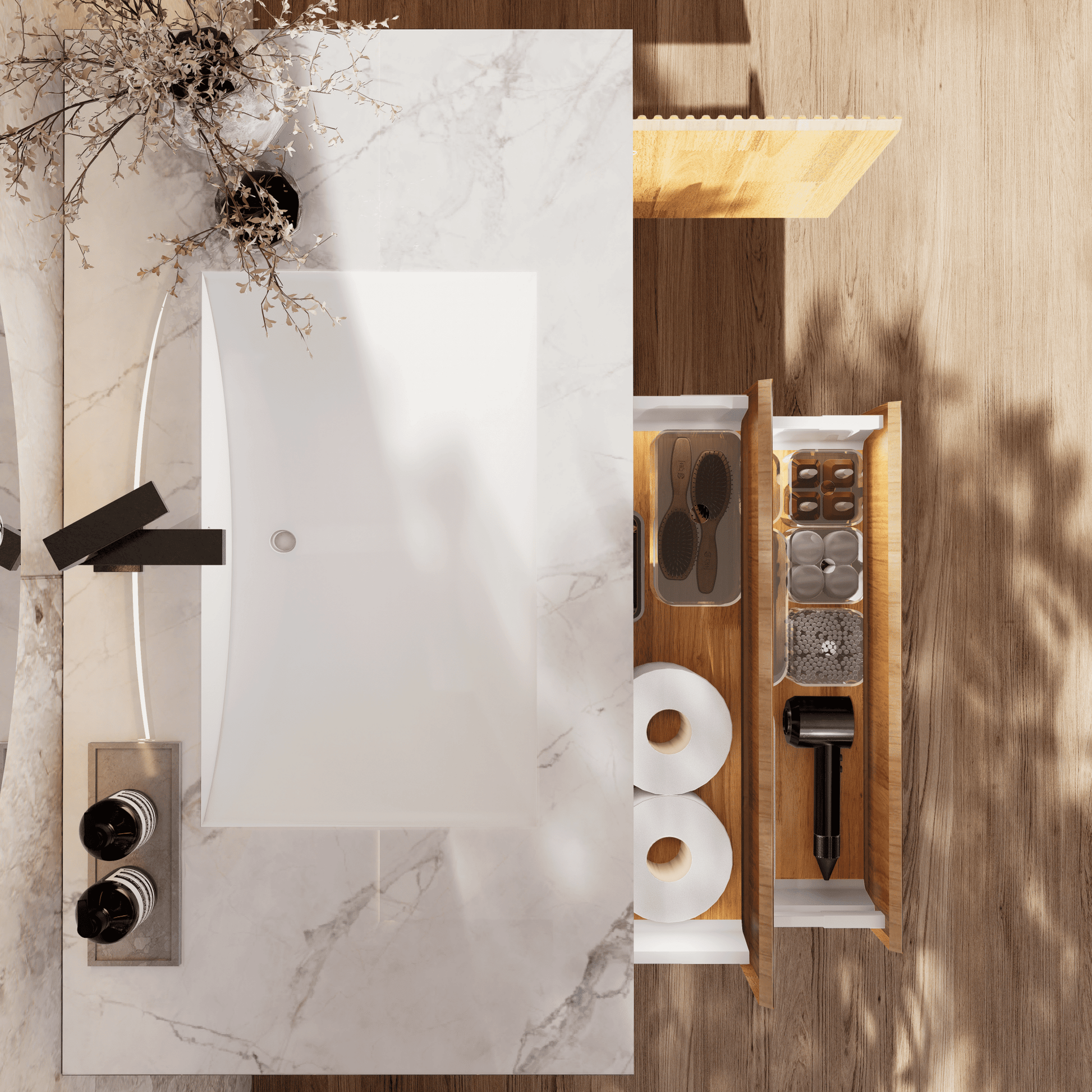 32", 40" Oak Fluted Floating Vanity with Seamless Stone Sink - VanityIce Grey