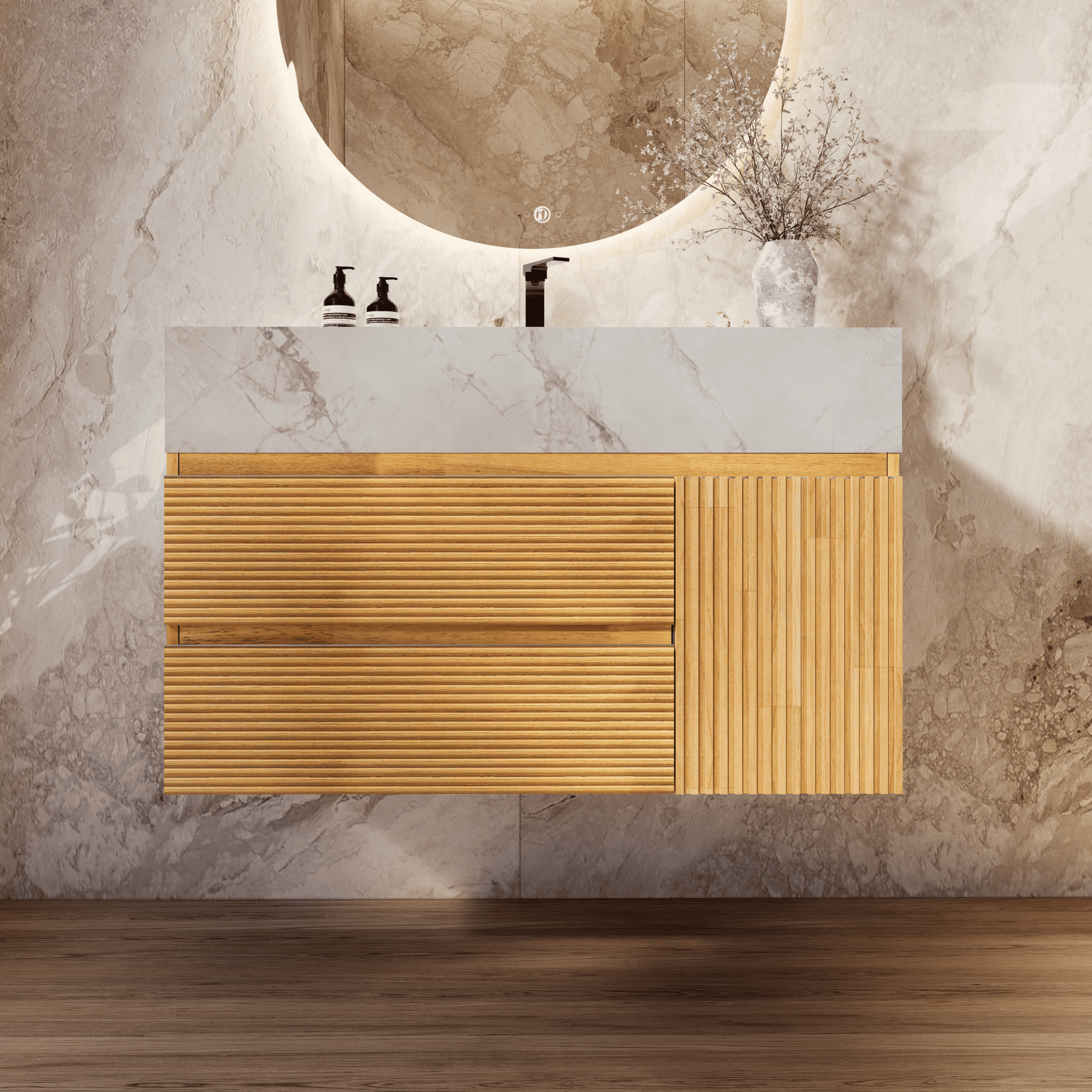 32", 40" Oak Fluted Floating Vanity with Seamless Stone Sink - VanityIce Grey