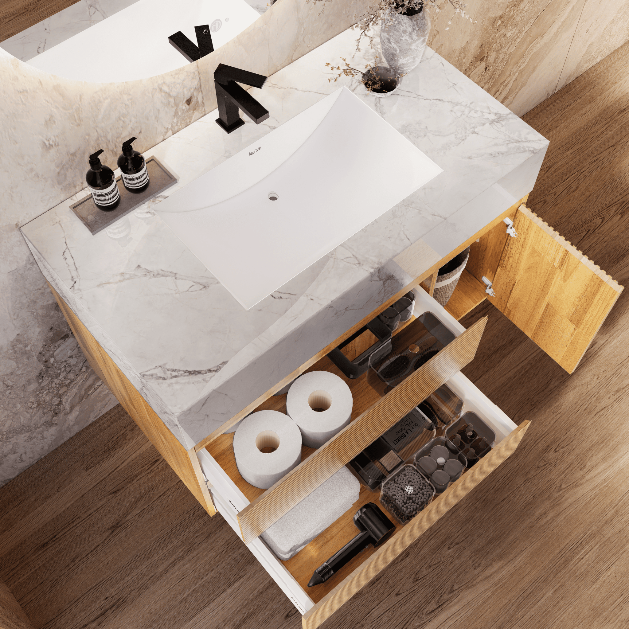 32", 40" Oak Fluted Floating Vanity with Seamless Stone Sink - VanityIce Grey