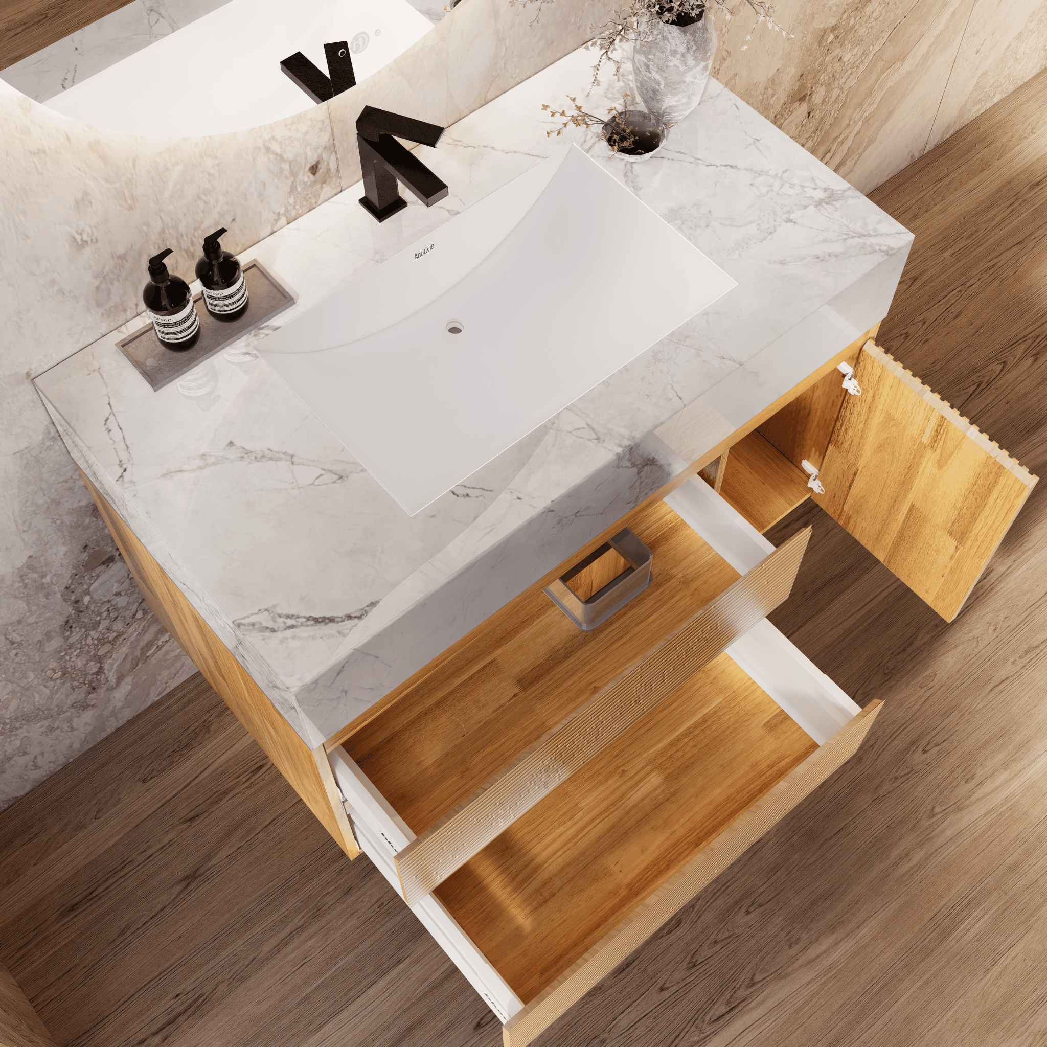 32", 40" Oak Fluted Floating Vanity with Seamless Stone Sink - VanityIce Grey