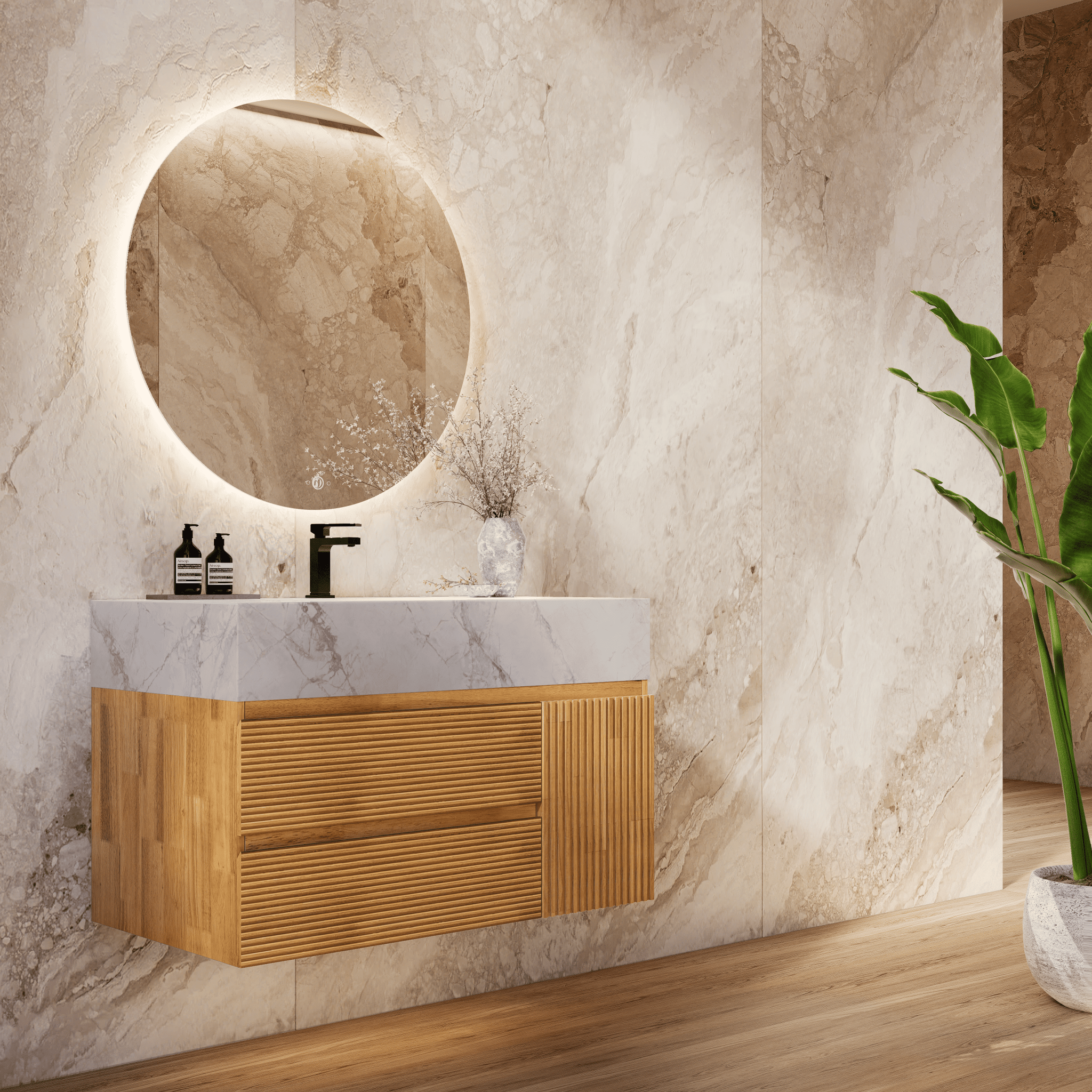 32", 40" Oak Fluted Floating Vanity with Seamless Stone Sink - VanityIce Grey