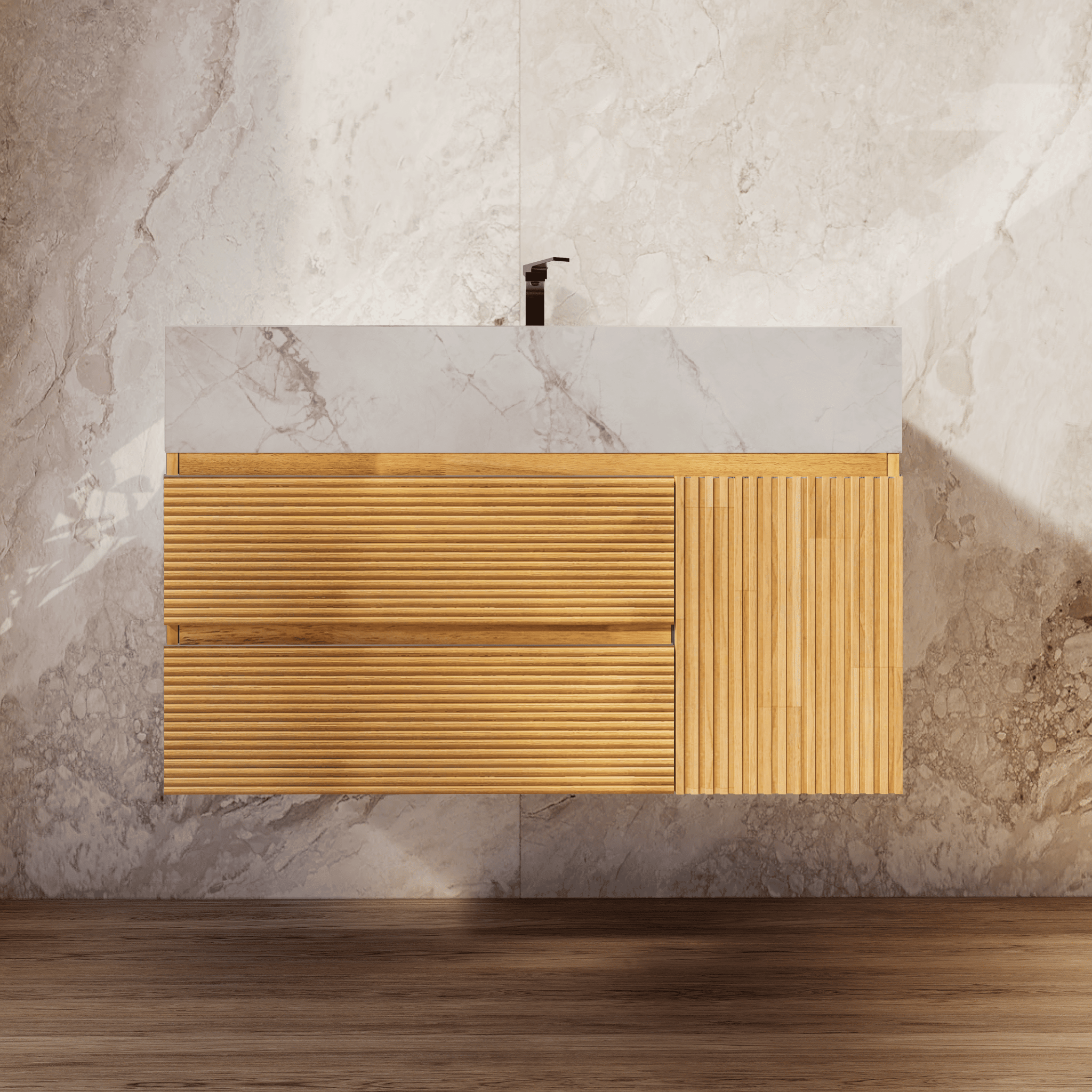 32", 40" Oak Fluted Floating Vanity with Seamless Stone Sink - VanityIce Grey