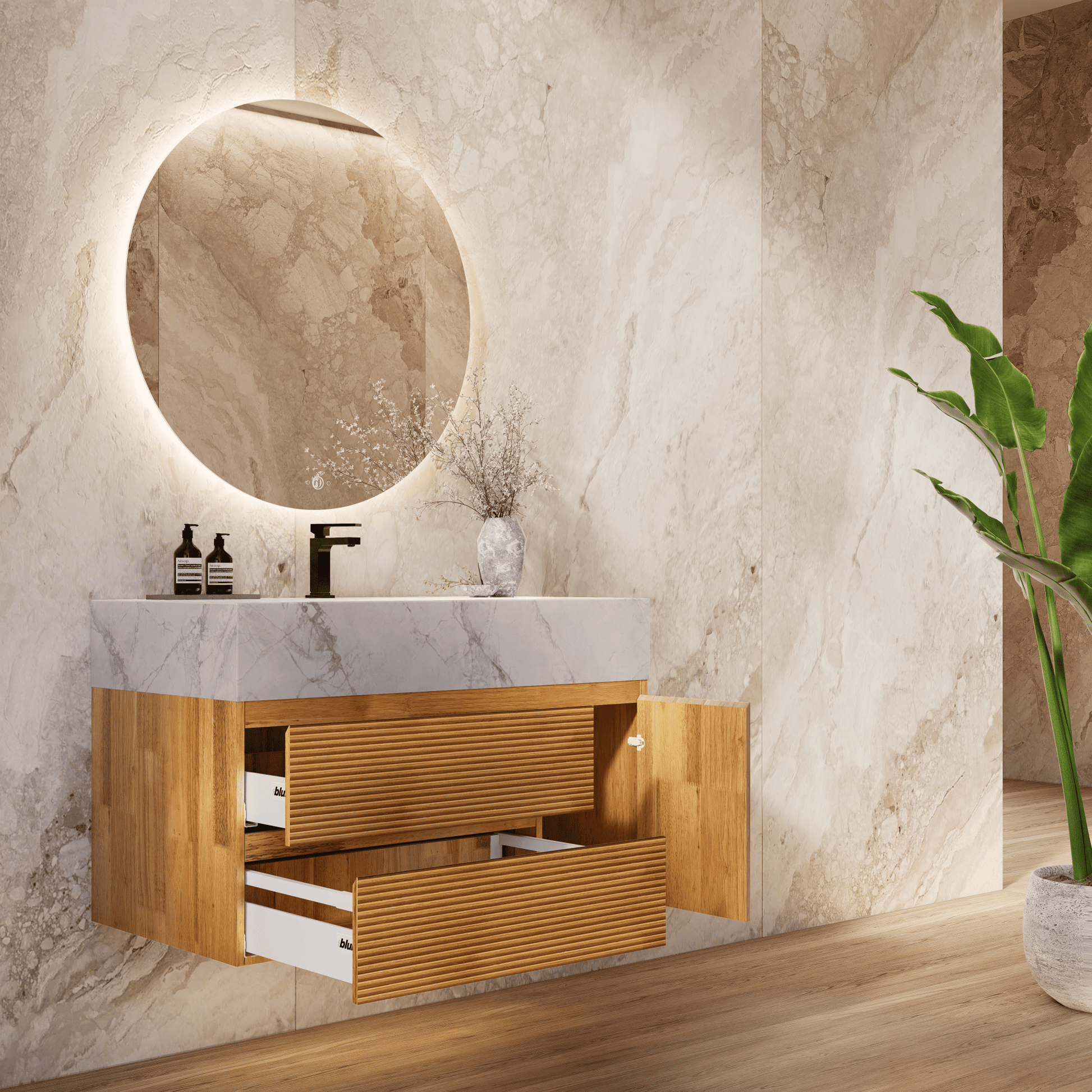 32", 40" Oak Fluted Floating Vanity with Seamless Stone Sink - VanityIce Grey