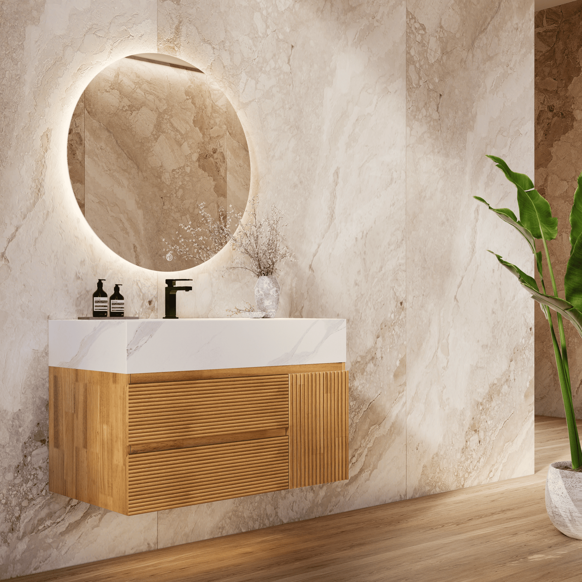 32", 40" Oak Fluted Floating Vanity with Seamless Stone Sink - VanityWhite Carrara