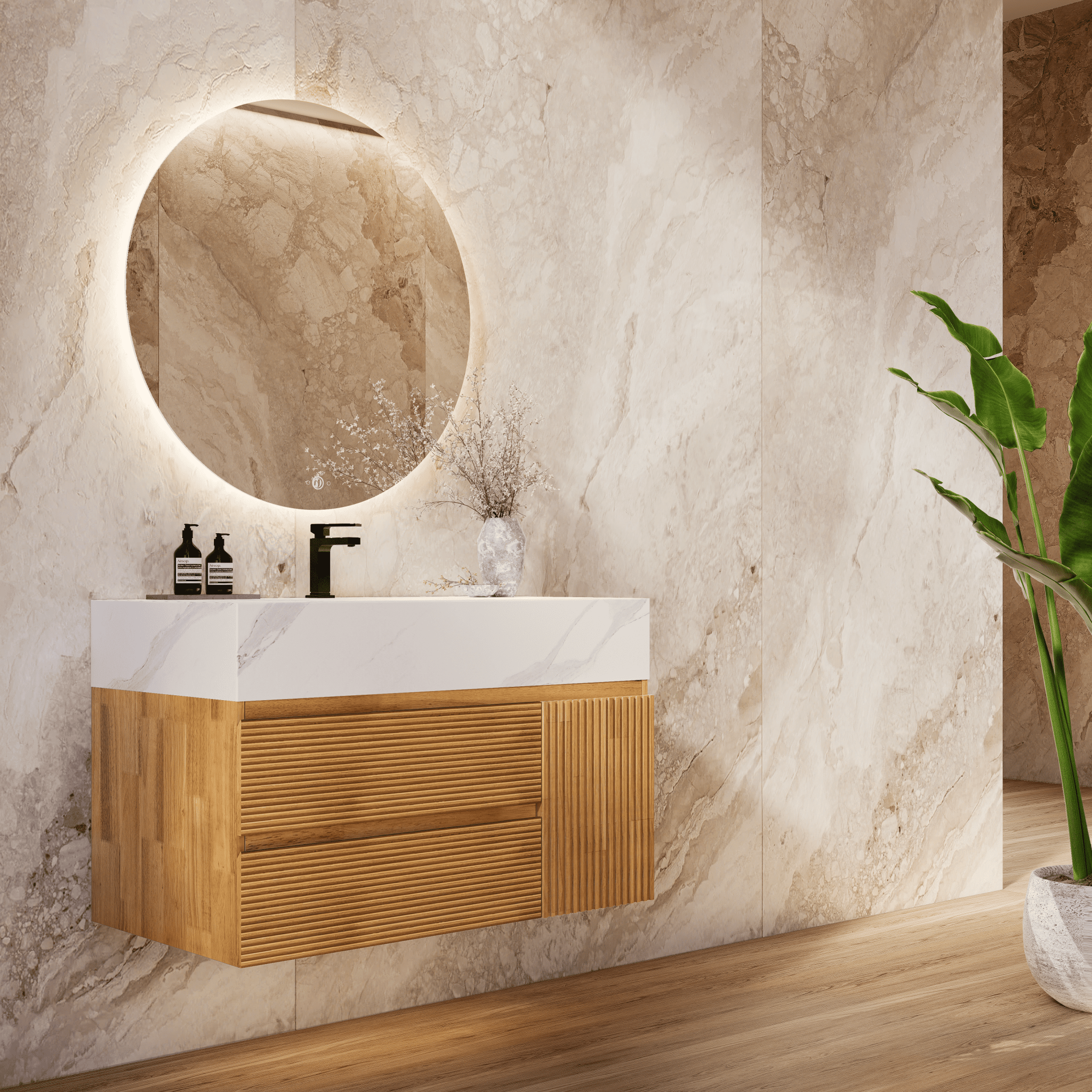 32", 40" Oak Fluted Floating Vanity with Seamless Stone Sink - VanityWhite Carrara