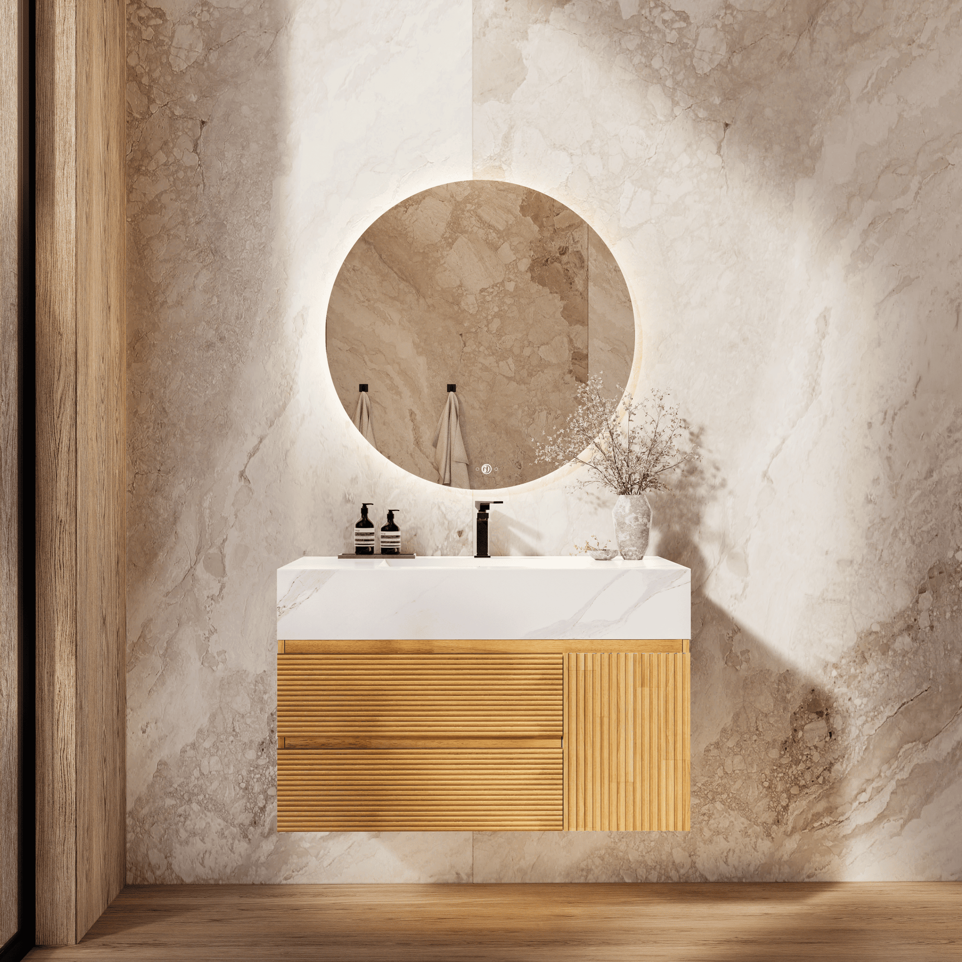 32", 40" Oak Fluted Floating Vanity with Seamless Stone Sink - VanityWhite Carrara