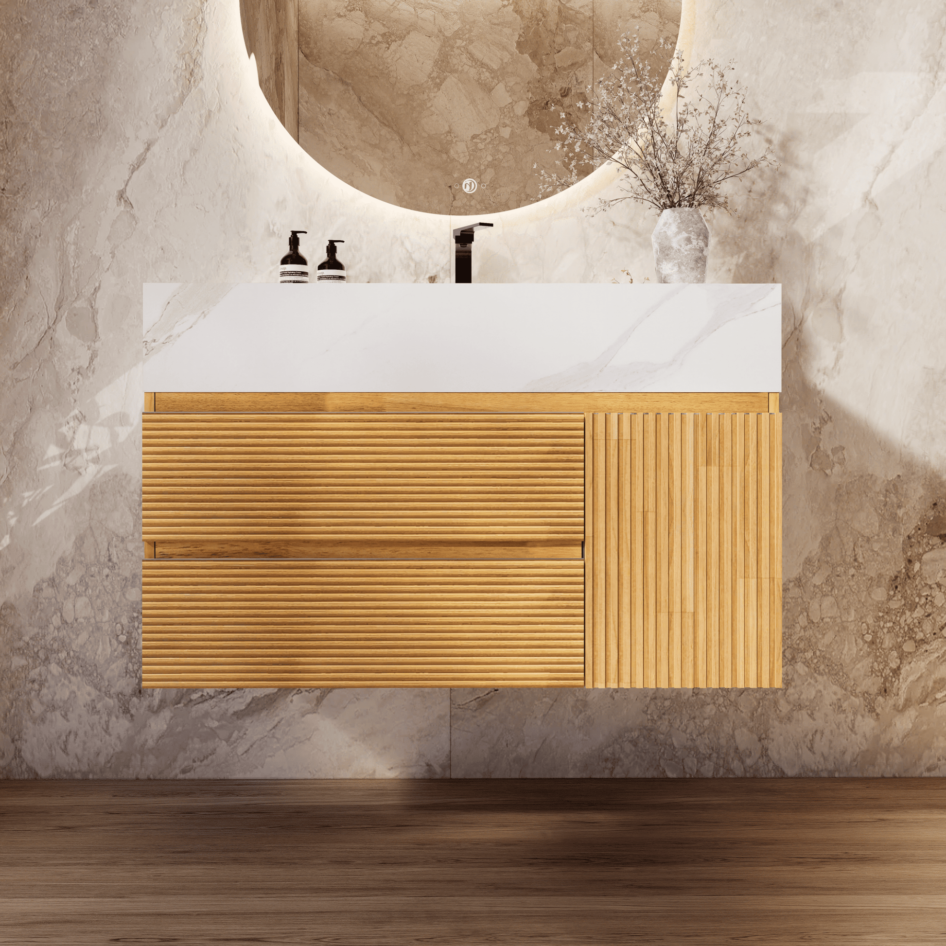 32", 40" Oak Fluted Floating Vanity with Seamless Stone Sink - VanityWhite Carrara