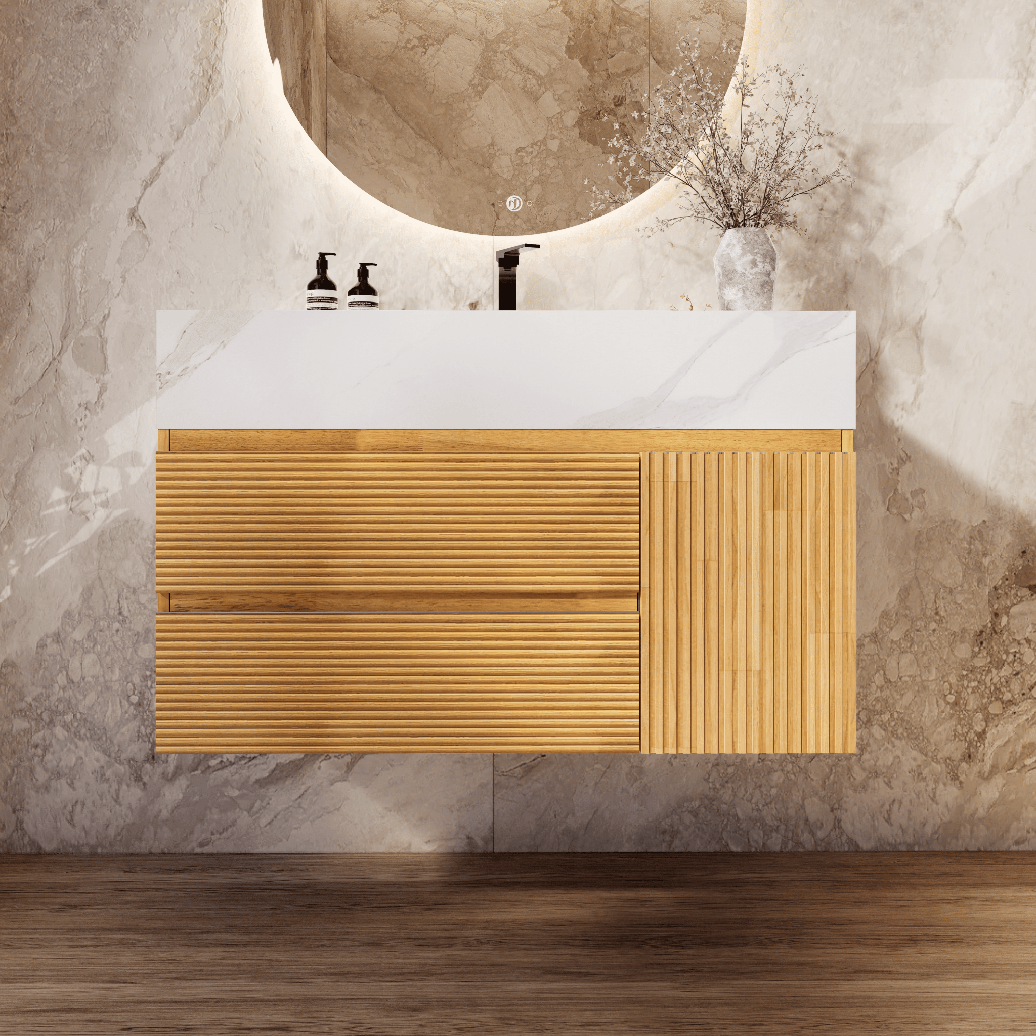 32", 40" Oak Fluted Floating Vanity with Seamless Stone Sink - VanityWhite Carrara