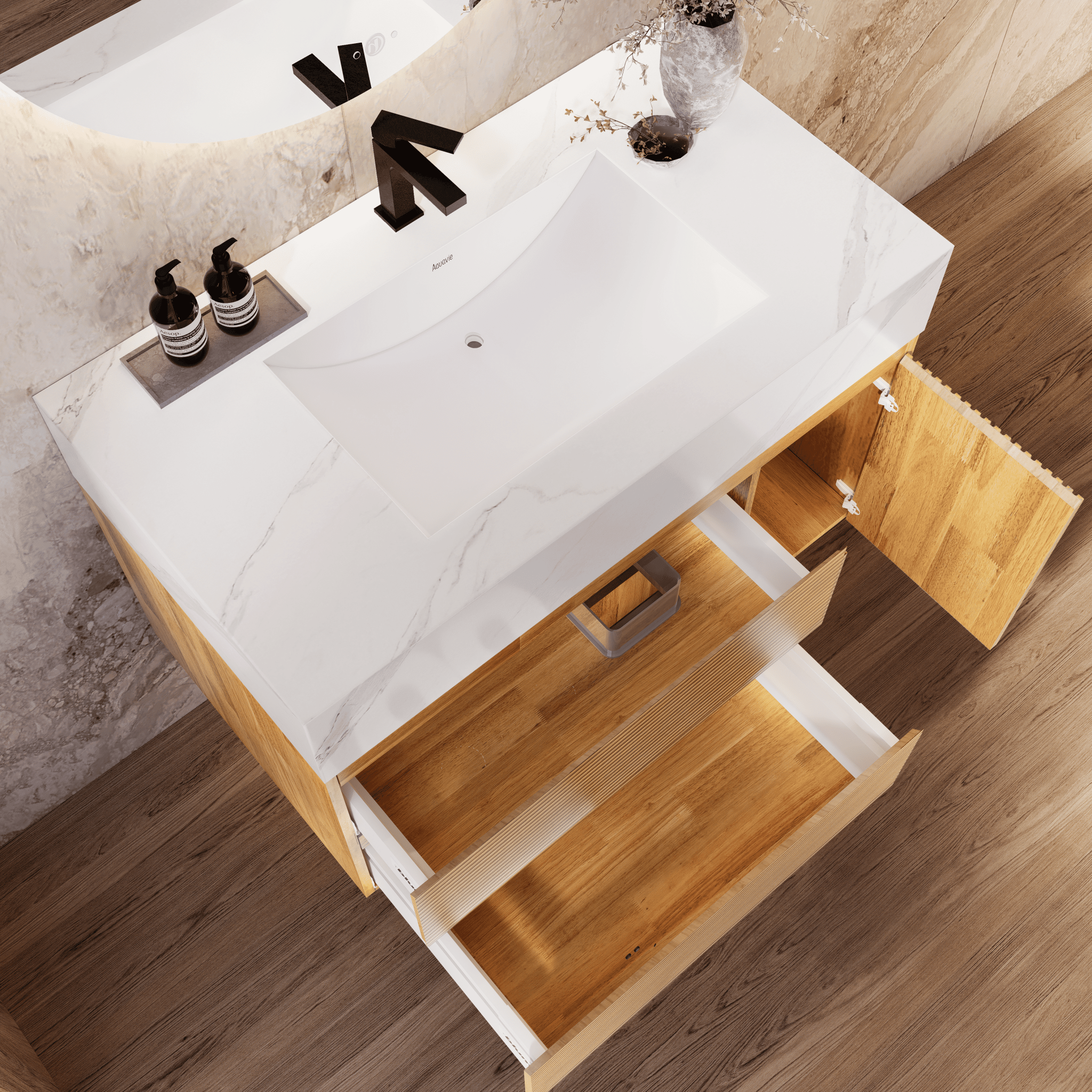 32", 40" Oak Fluted Floating Vanity with Seamless Stone Sink - VanityWhite Carrara