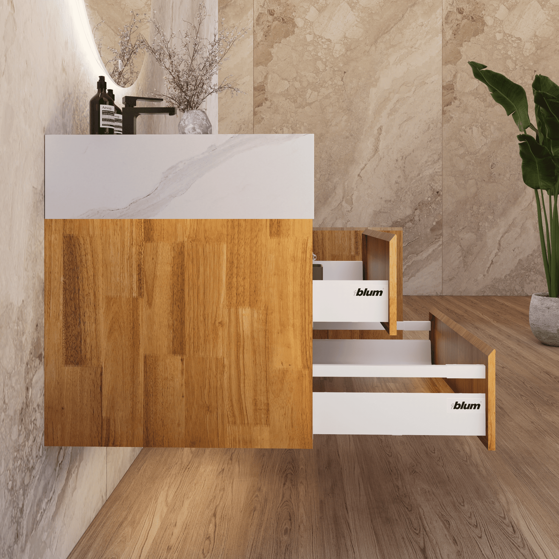 32", 40" Oak Fluted Floating Vanity with Seamless Stone Sink - VanityWhite Carrara