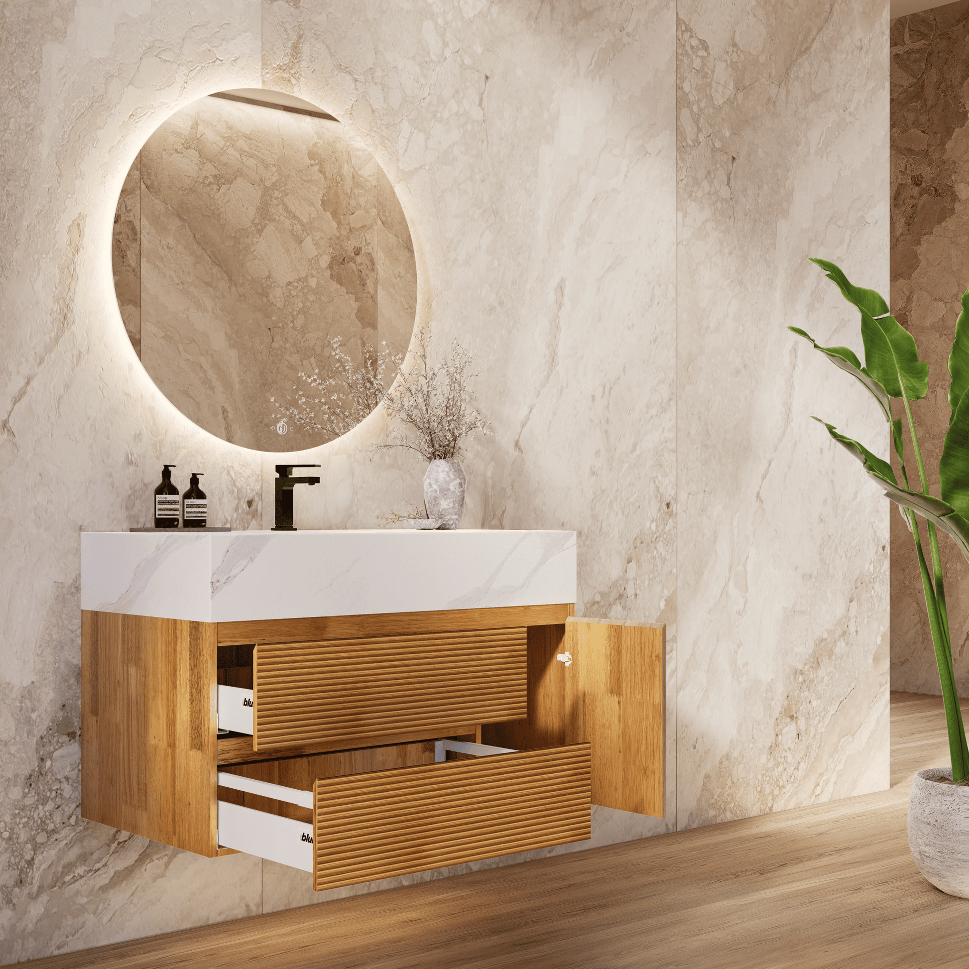 32", 40" Oak Fluted Floating Vanity with Seamless Stone Sink - VanityWhite Carrara