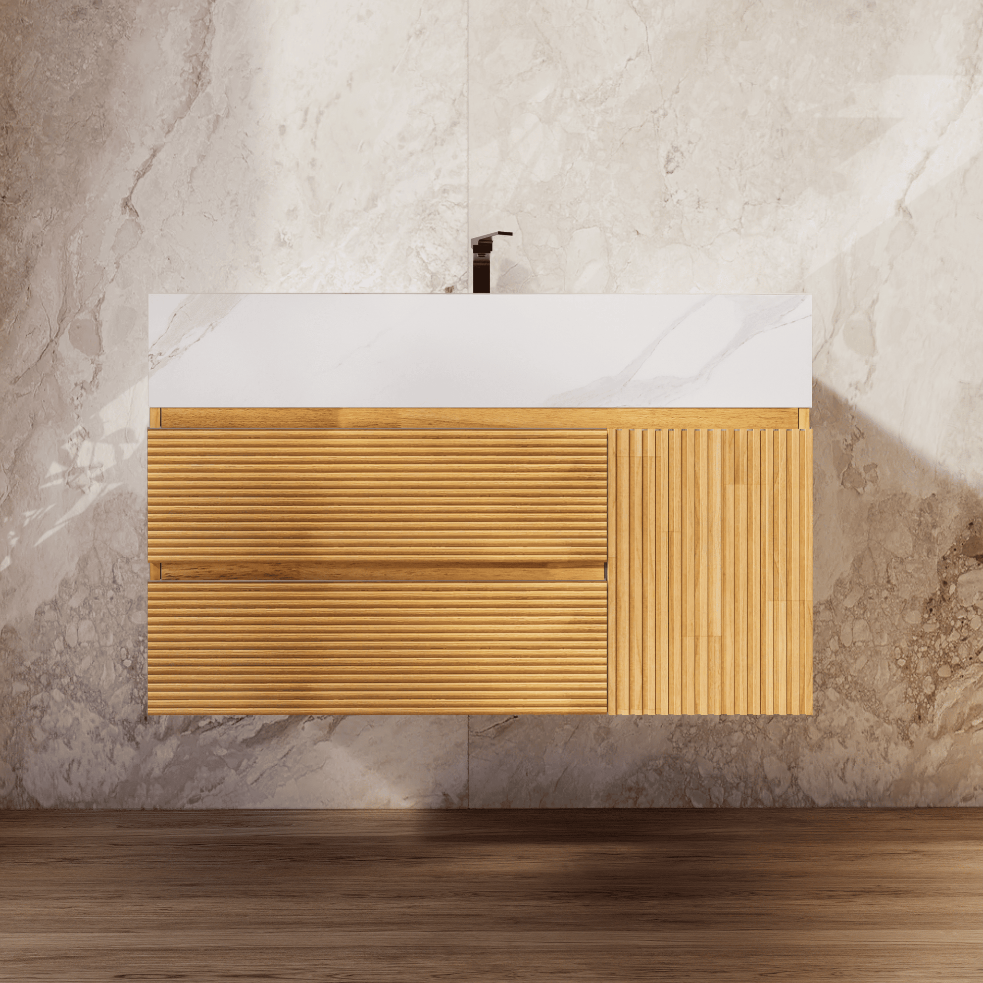 32", 40" Oak Fluted Floating Vanity with Seamless Stone Sink - VanityWhite Carrara