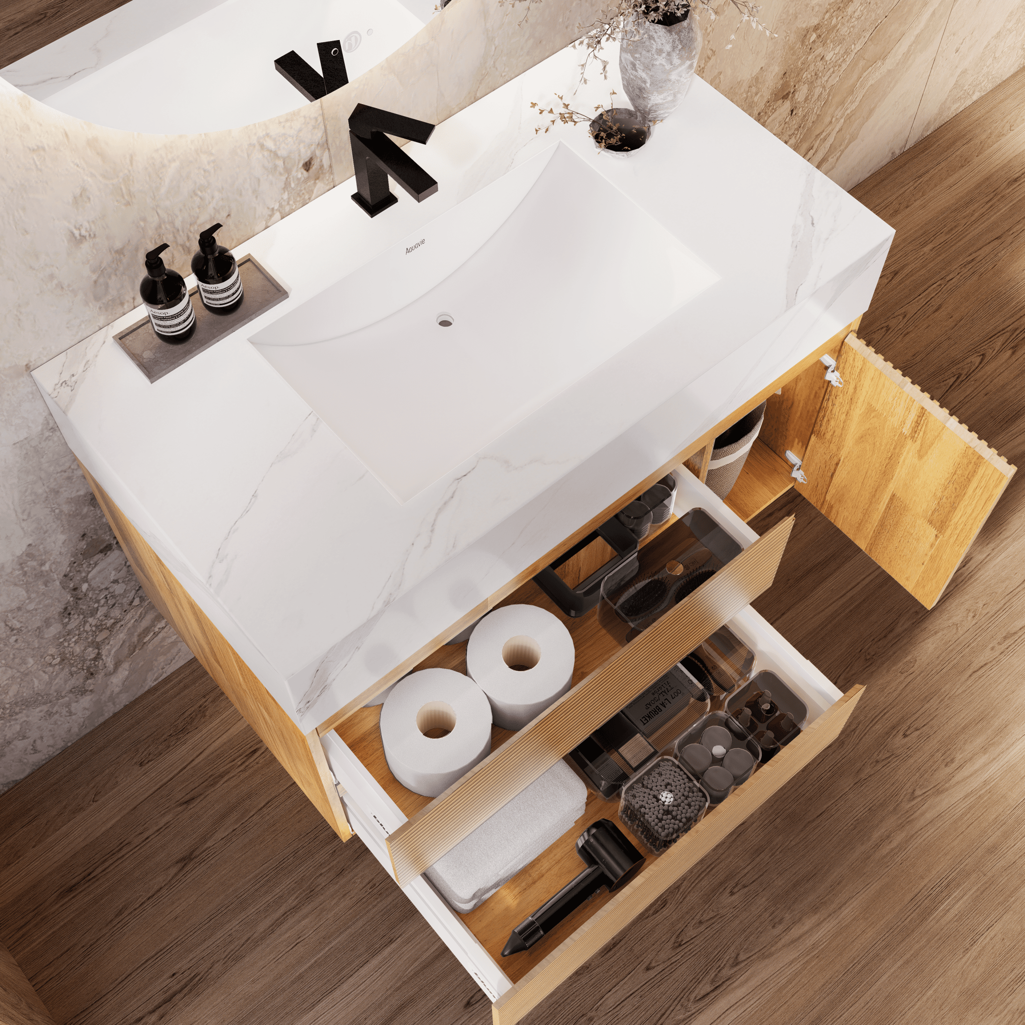 32", 40" Oak Fluted Floating Vanity with Seamless Stone Sink - VanityWhite Carrara