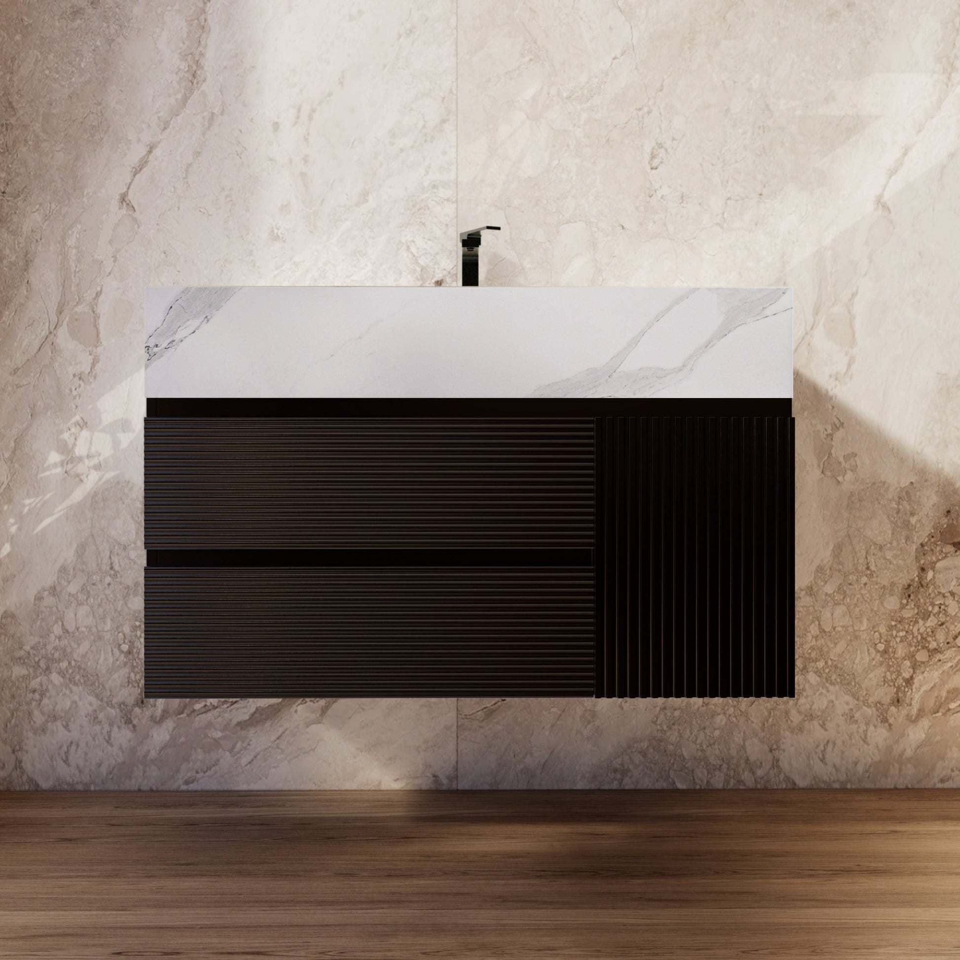 32"–48" Black Fluted Floating Vanity with Seamless Stone Sink -VanityWhite Carrara