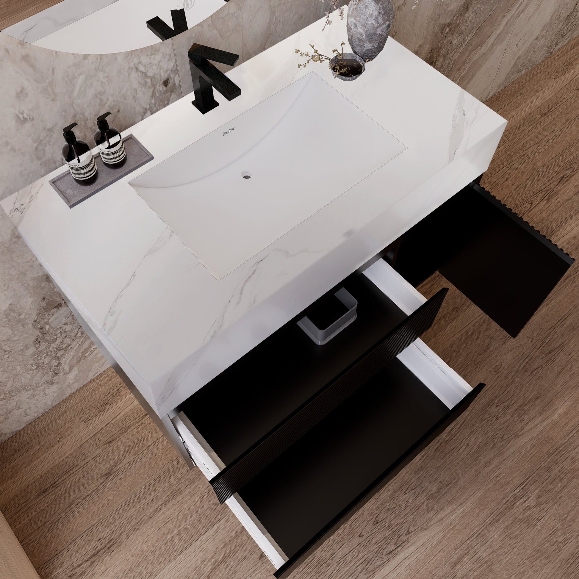 32"–48" Black Fluted Floating Vanity with Seamless Stone Sink -VanityWhite Carrara