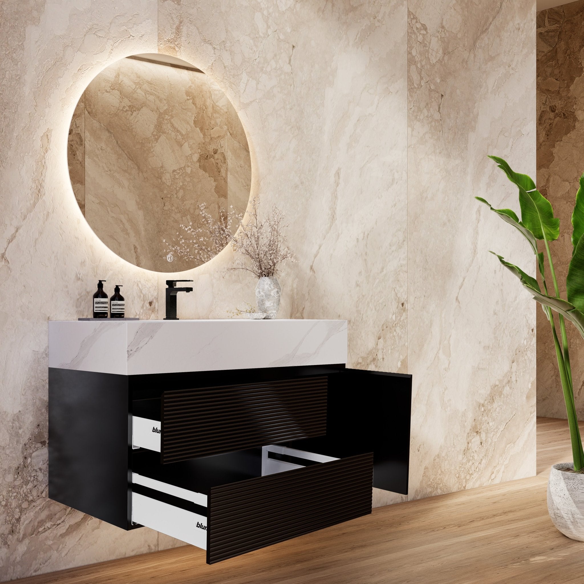 32"–48" Black Fluted Floating Vanity with Seamless Stone Sink -VanityWhite Carrara