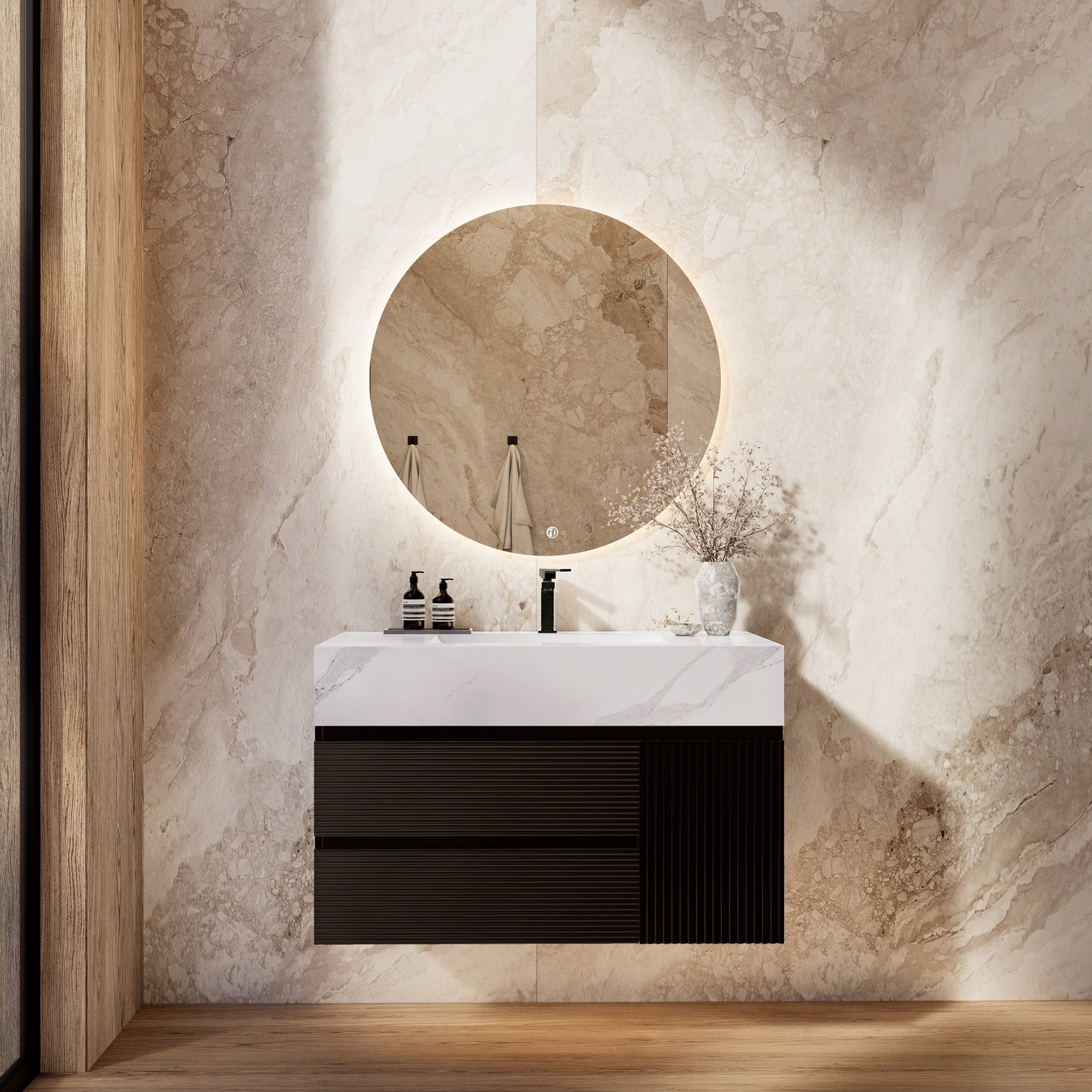 32"–48" Black Fluted Floating Vanity with Seamless Stone Sink -VanityWhite Carrara
