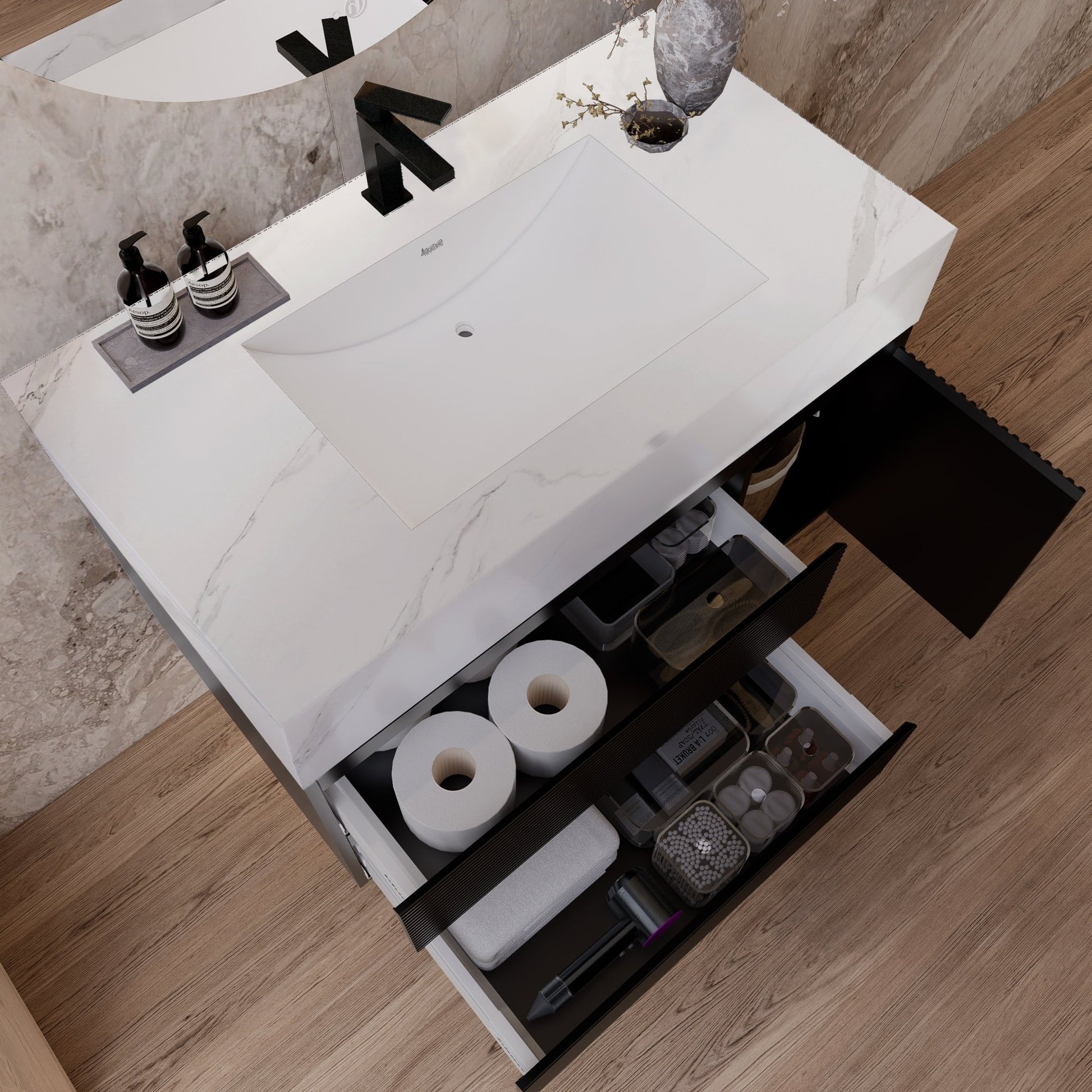 32"–48" Black Fluted Floating Vanity with Seamless Stone Sink -VanityWhite Carrara