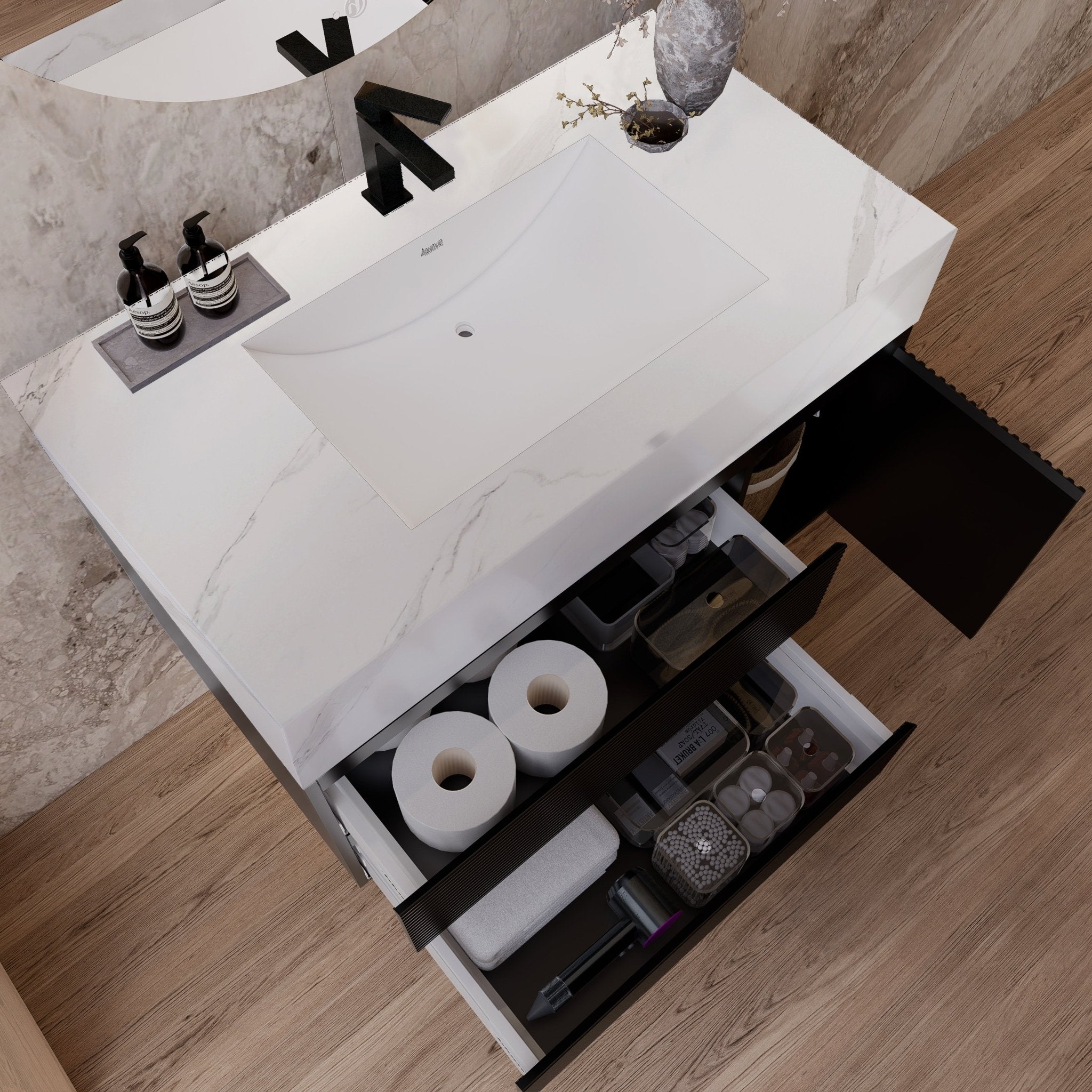 32"–48" Black Fluted Floating Vanity with Seamless Stone Sink -VanityWhite Carrara