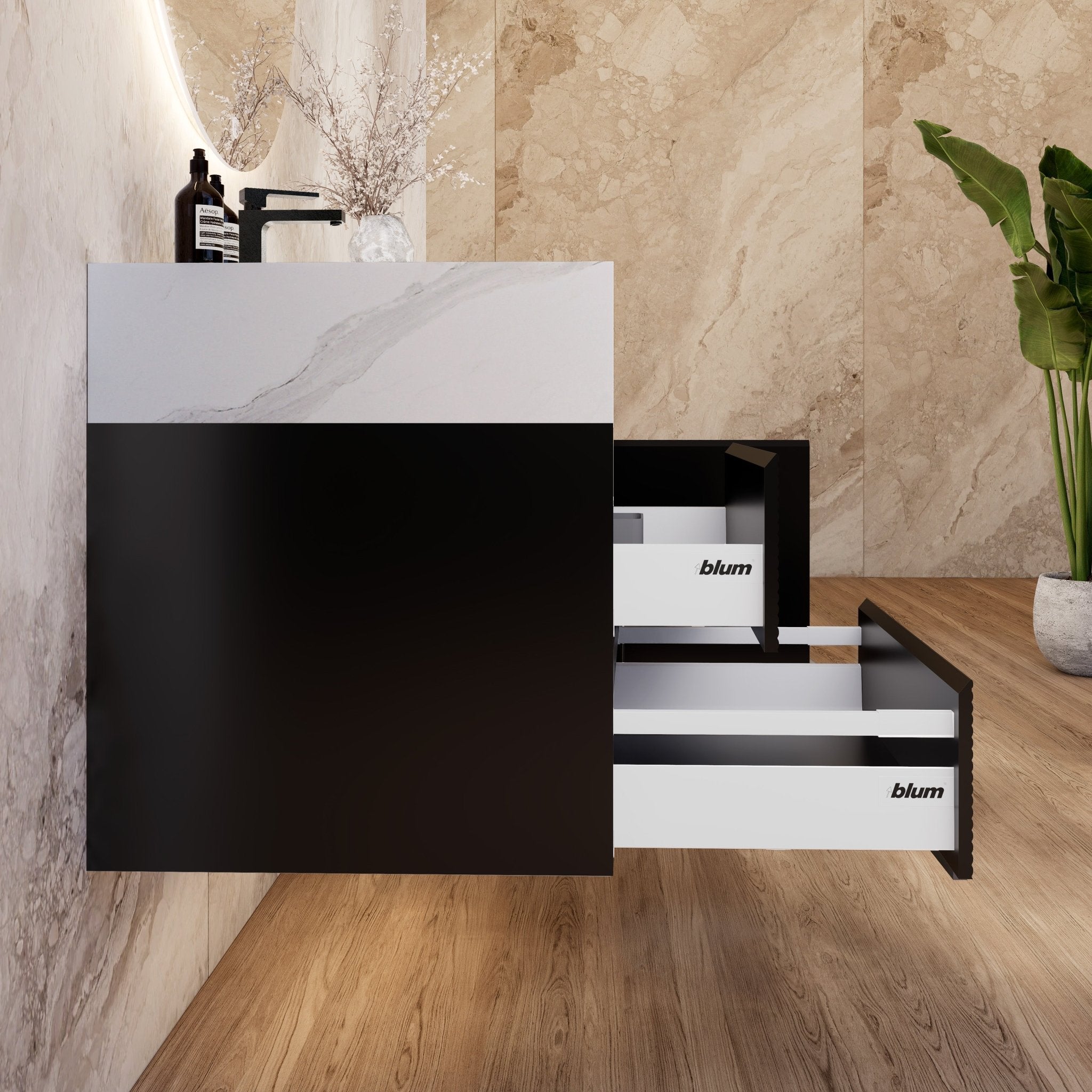 32"–48" Black Fluted Floating Vanity with Seamless Stone Sink -VanityWhite Carrara