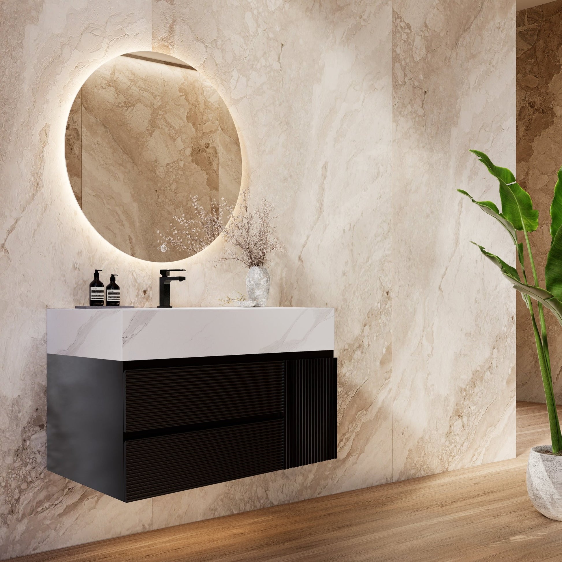 32"–48" Black Fluted Floating Vanity with Seamless Stone Sink -VanityWhite Carrara