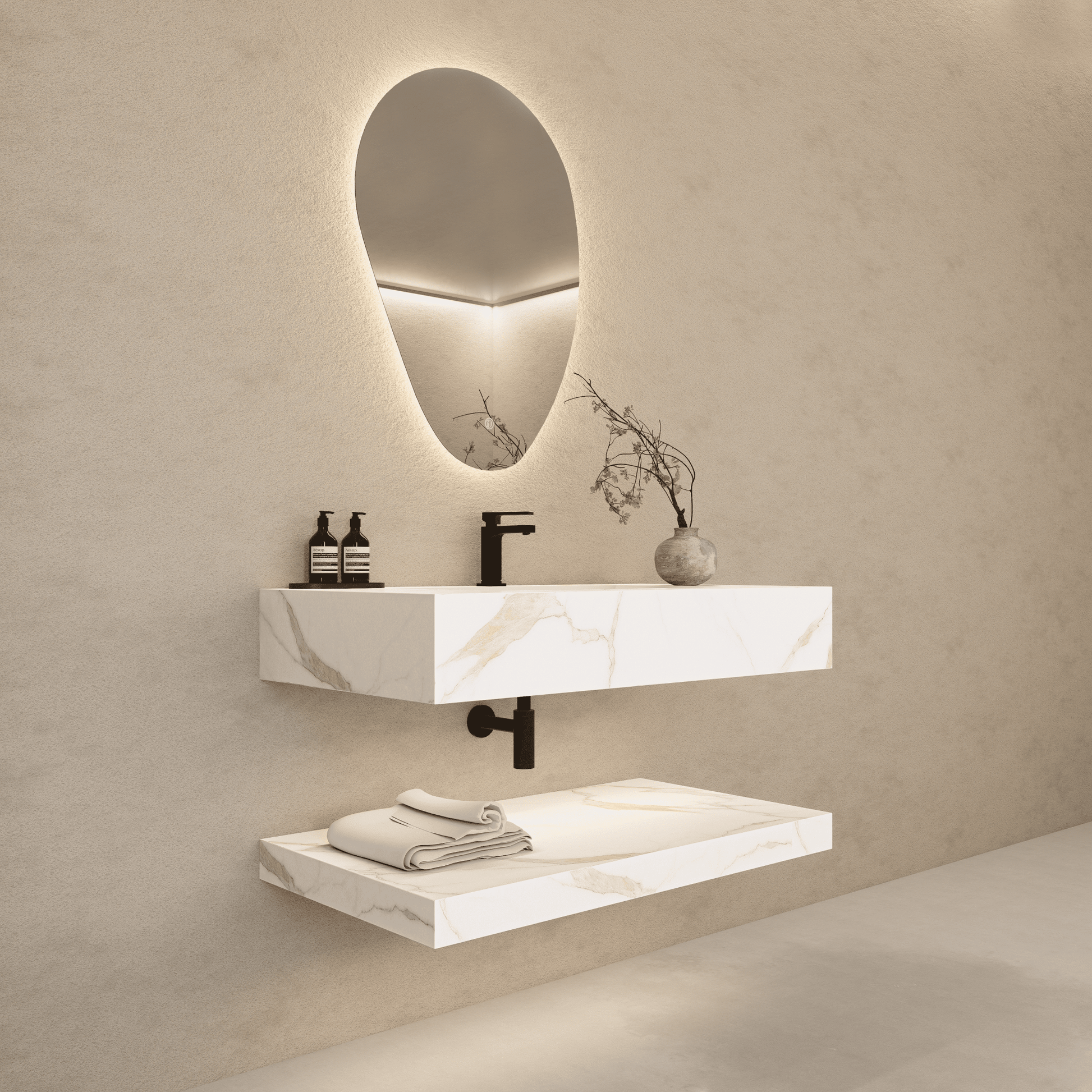 32" Hotel Style Floating Vanity – Marble - Look Stone - Vanity32"