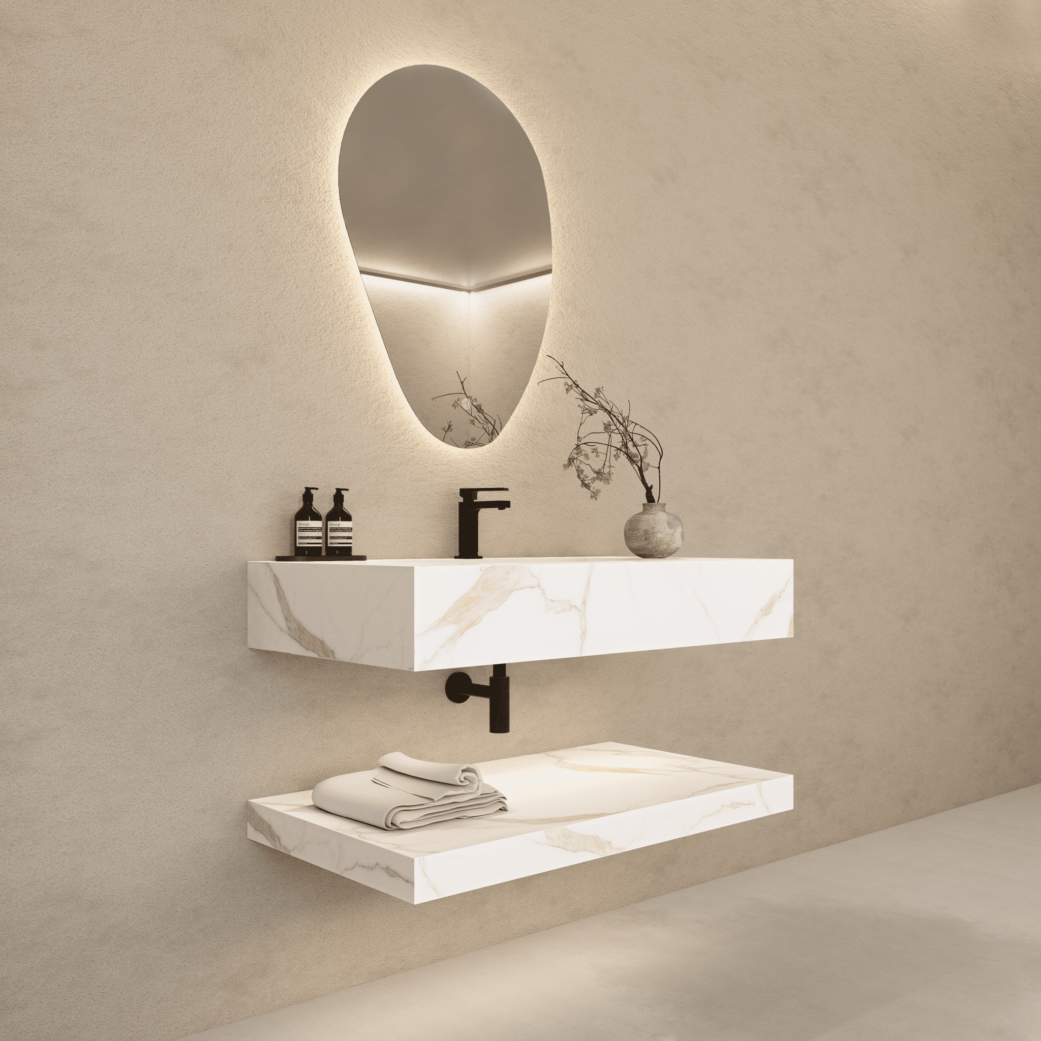 32" Hotel Style Floating Vanity – Marble - Look Stone - Vanity32"