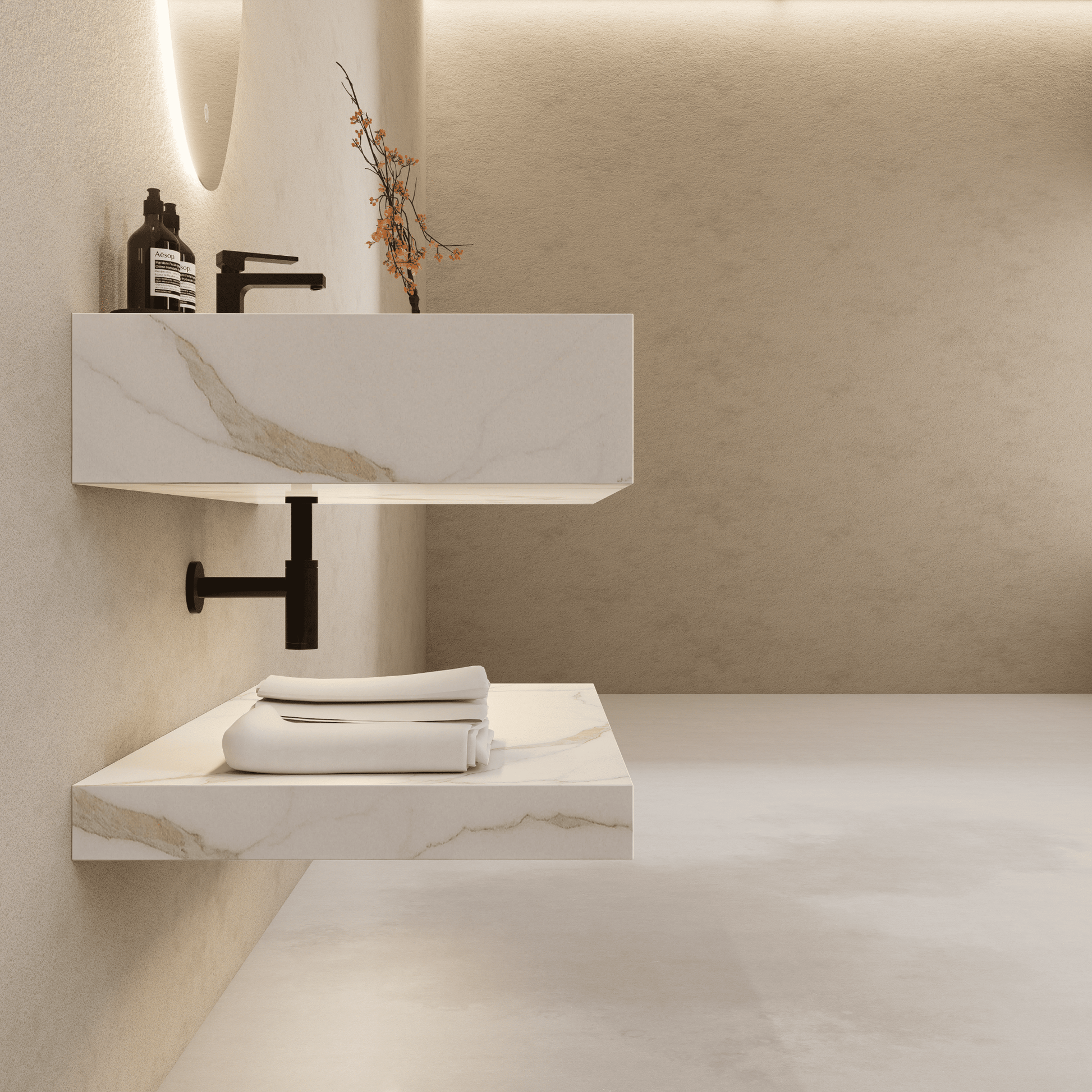 32" Hotel Style Floating Vanity – Marble - Look Stone - Vanity32"